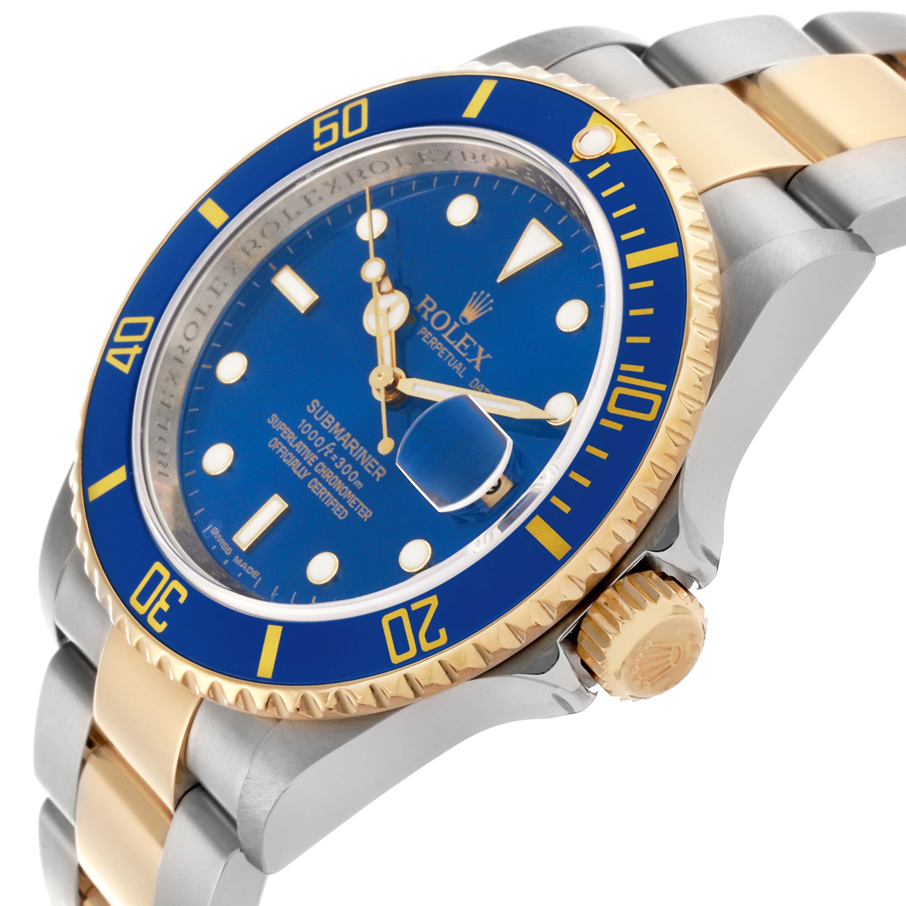 The Rolex Submariner 16613LB Men's Steel and Gold (two tone) Blue Dial 16613LB Men's Steel and Gold (two tone) Blue Dial watch is shown from an angled side view, highlighting the bezel, crown, and bracelet.