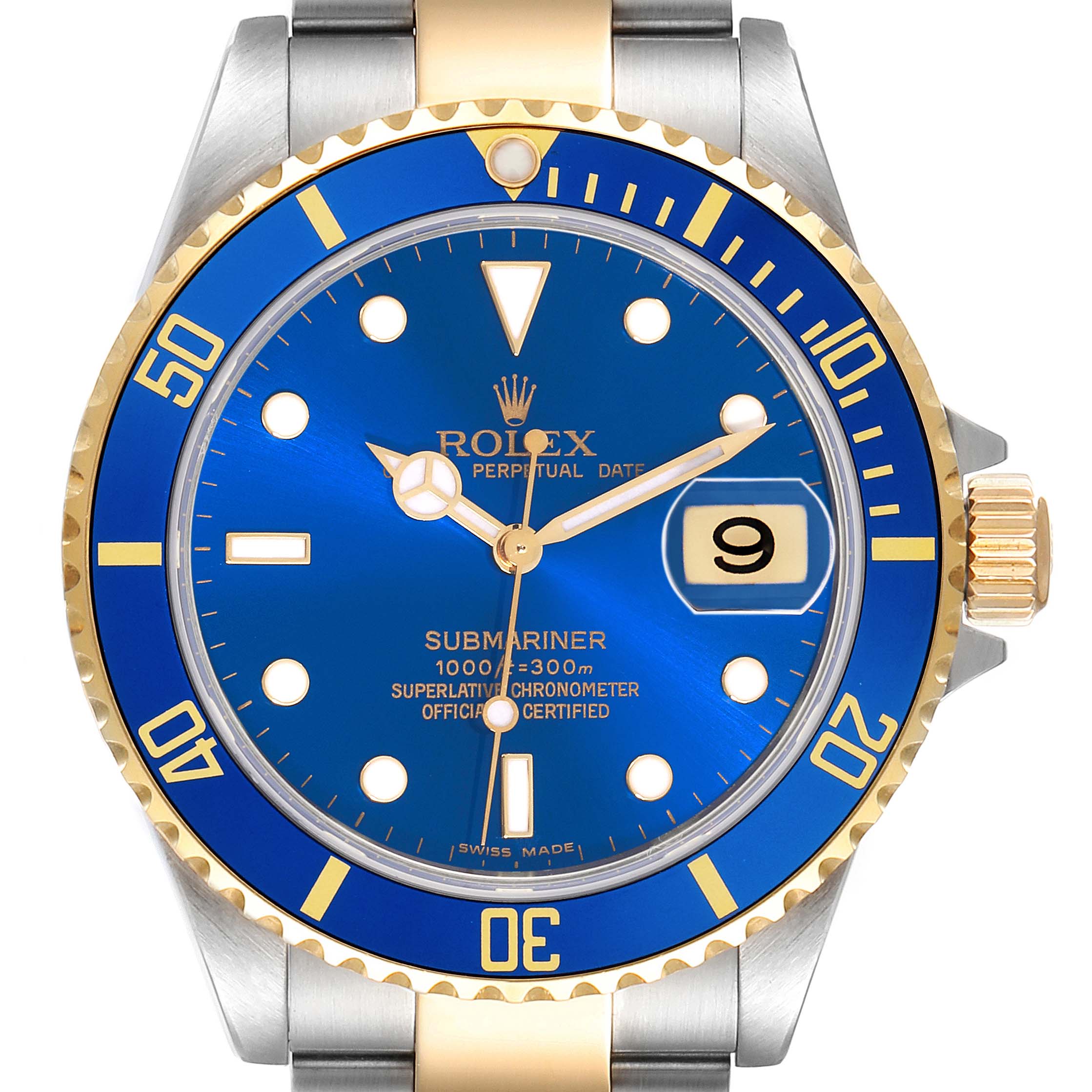 The Rolex Submariner 16613LB Men's Steel and Gold (two tone) Blue Dial 16613LB Men's Steel and Gold (two tone) Blue Dial watch is shown from a front angle, highlighting the bezel, dial, crown, and bracelet.
