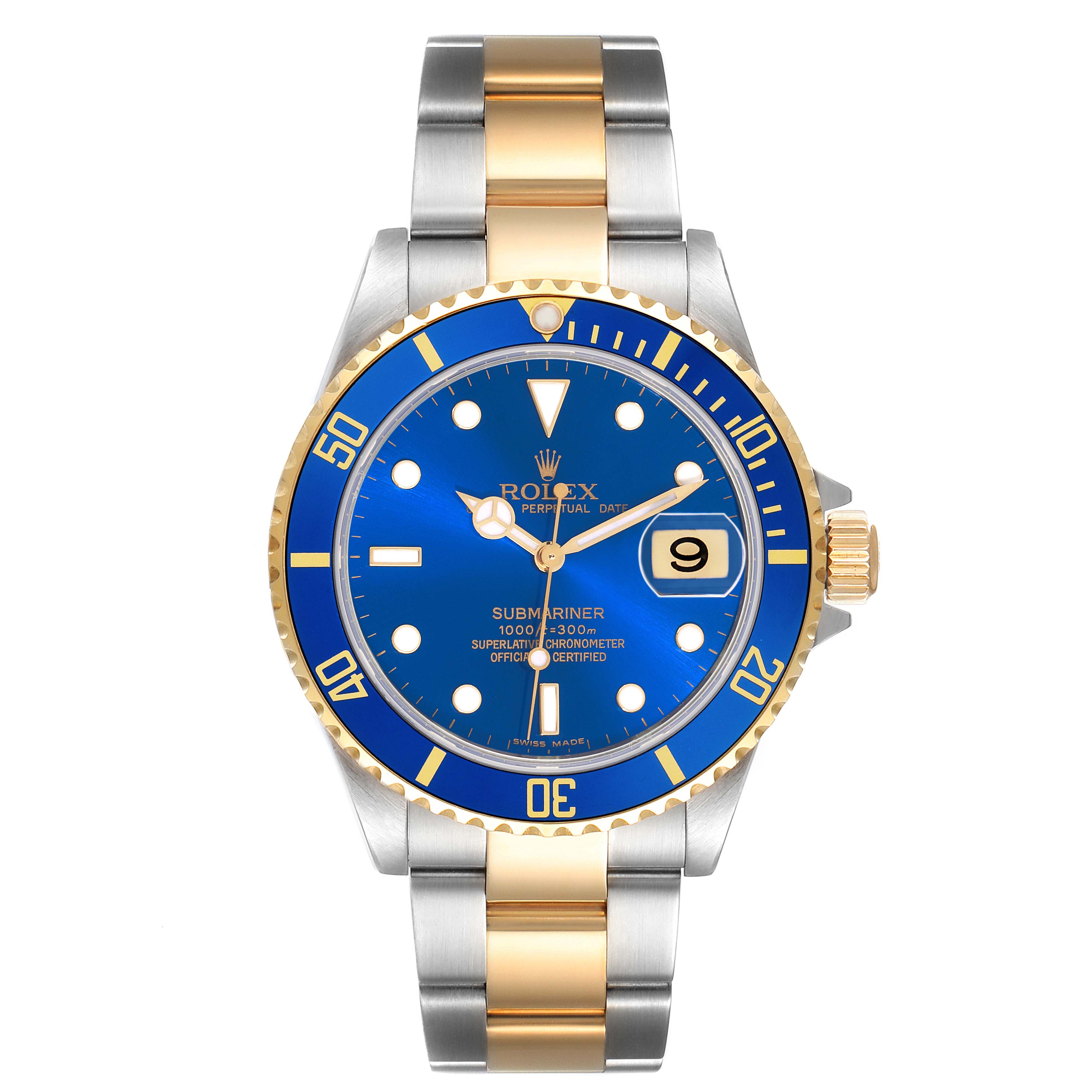 The Rolex Submariner 16613LB Men's Steel and Gold (two tone) Blue Dial 16613LB Men's Steel and Gold (two tone) Blue Dial watch is shown from the front, displaying the blue dial, bezel, and bicolor bracelet.