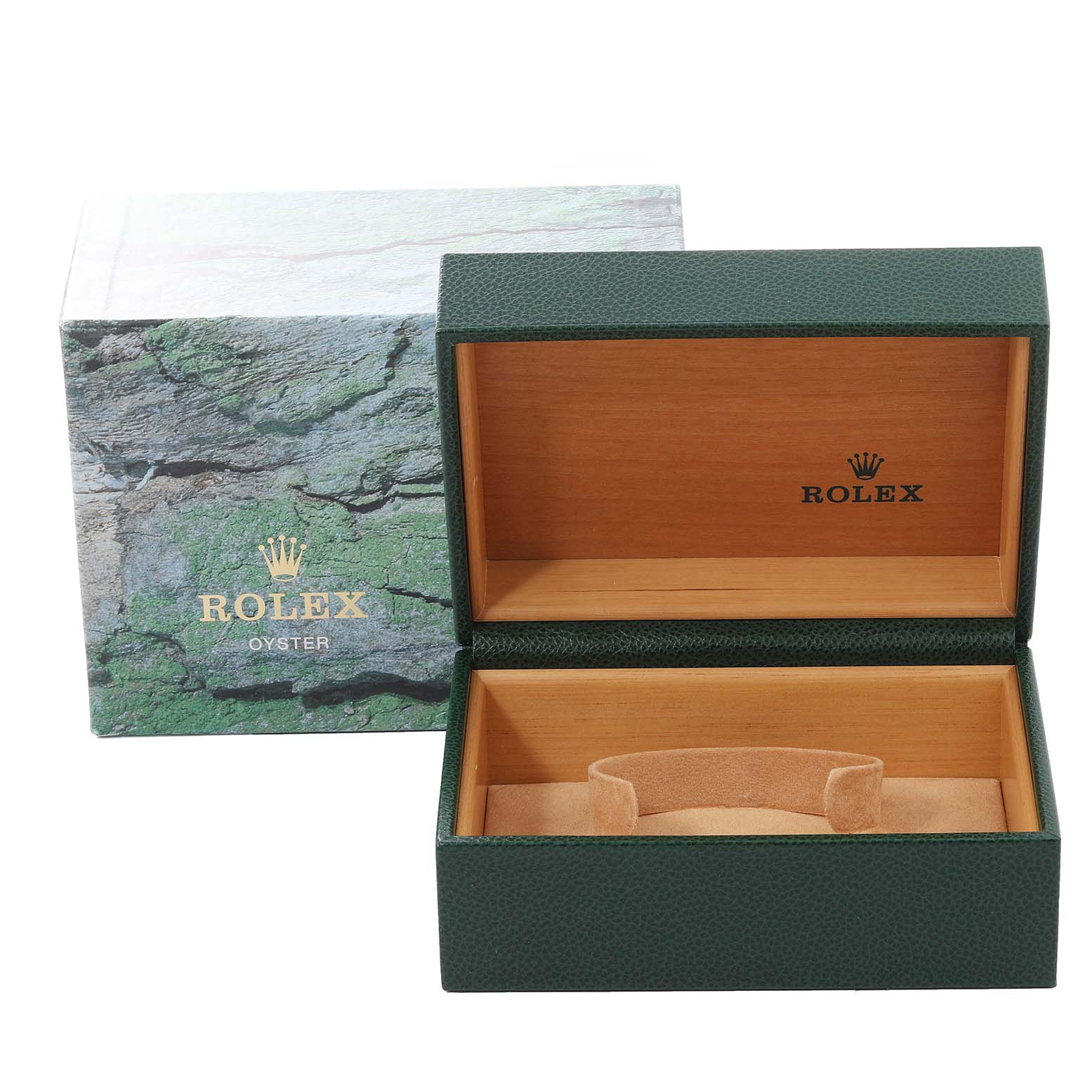 The image shows a green Rolex Submariner 16610 Men's Stainless Steel Black Dial 16610 Men's Stainless Steel Black Dial watch box, open, with its outer packaging visible in the background.