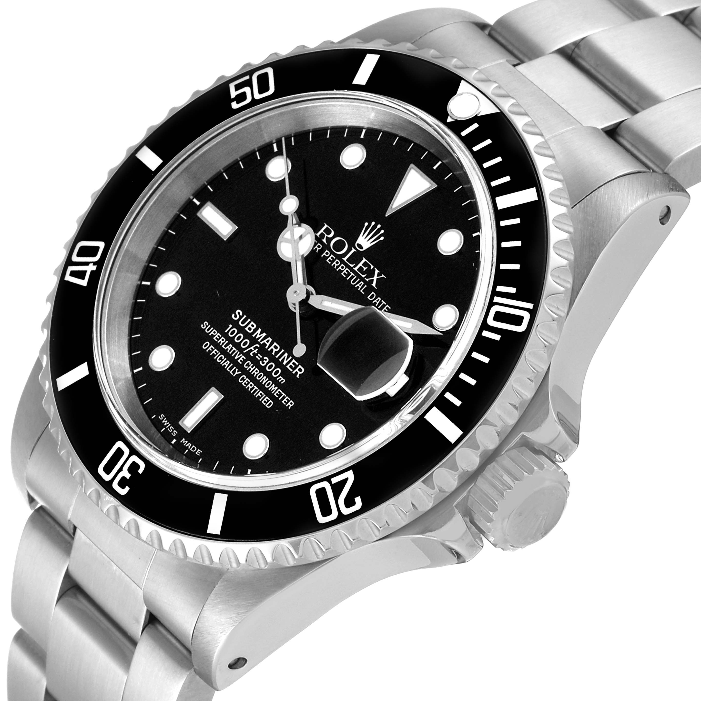 This image shows a Rolex Submariner 16610 Men's Stainless Steel Black Dial 16610 Men's Stainless Steel Black Dial watch angled slightly from the top right, highlighting the bezel, dial, and bracelet.