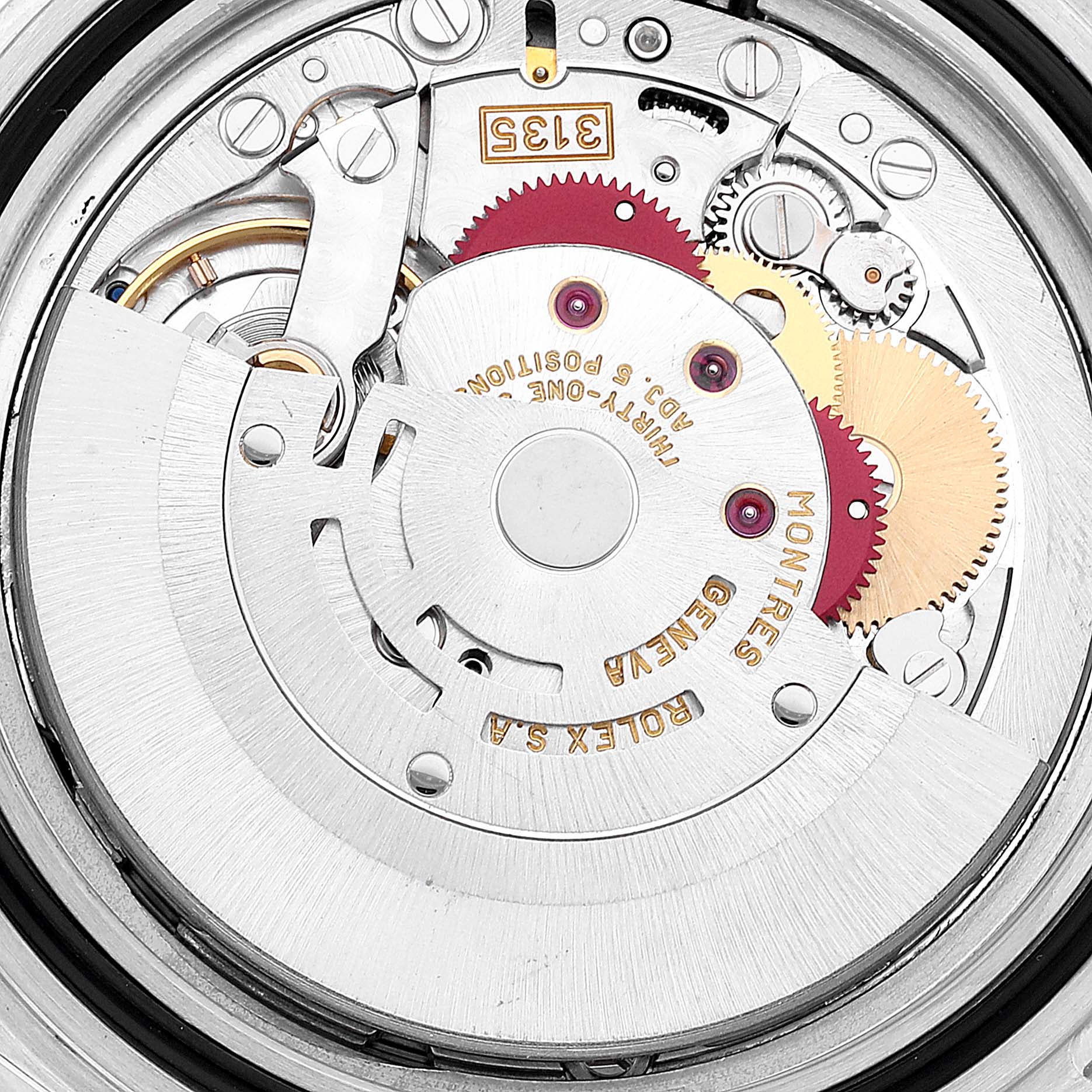 This is a close-up view showing the internal movement mechanism of the Rolex Submariner 16610 Men's Stainless Steel Black Dial 16610 Men's Stainless Steel Black Dial watch.