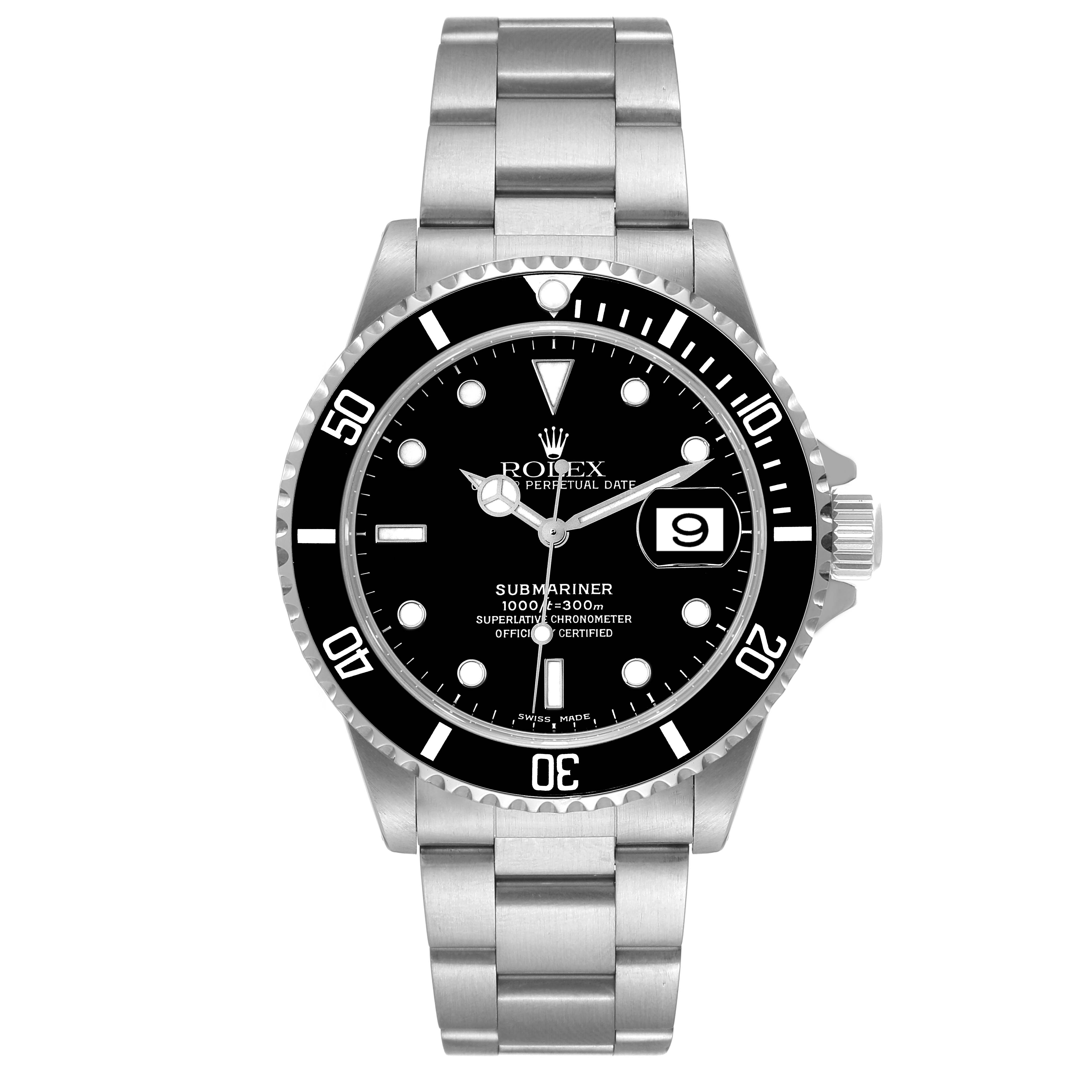 The image shows a front view of a Rolex Submariner 16610 Men's Stainless Steel Black Dial 16610 Men's Stainless Steel Black Dial watch, highlighting the dial, bezel, and stainless steel bracelet.