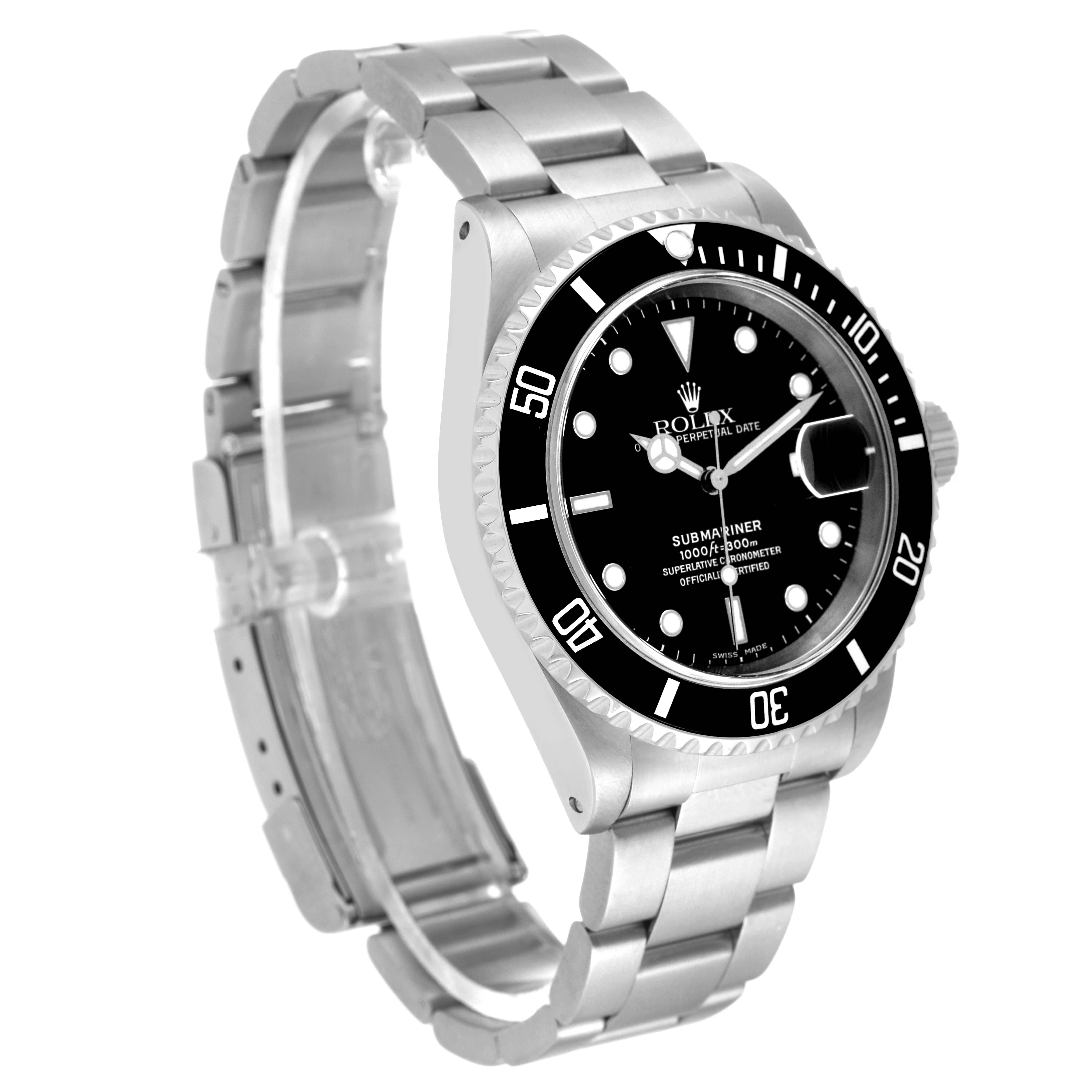 The image shows a side angle of a Rolex Submariner 16610 Men's Stainless Steel Black Dial 16610 Men's Stainless Steel Black Dial watch, highlighting the dial, bezel, and stainless steel bracelet.