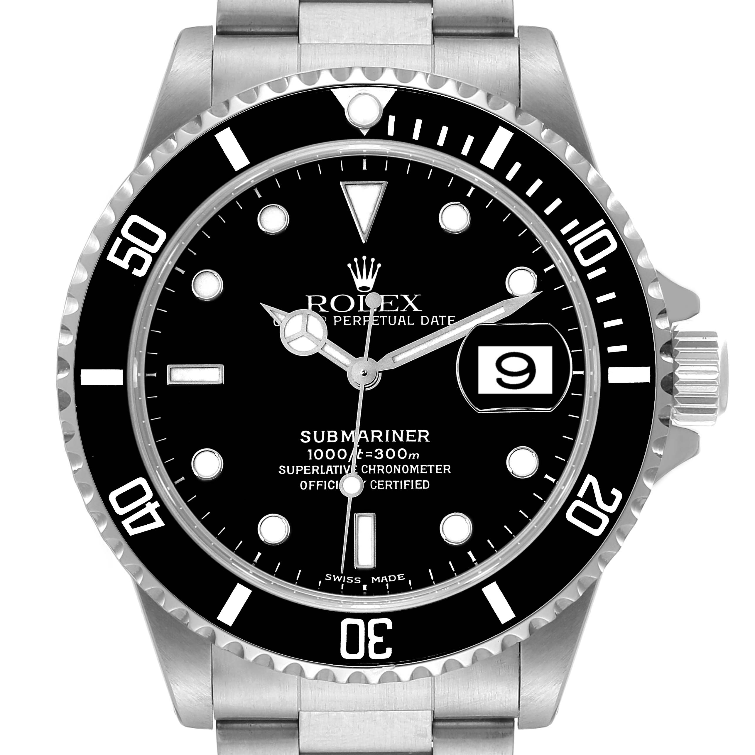 The image shows a frontal view of the Rolex Submariner 16610 Men's Stainless Steel Black Dial 16610 Men's Stainless Steel Black Dial watch, highlighting its dial, bezel, and part of the bracelet.