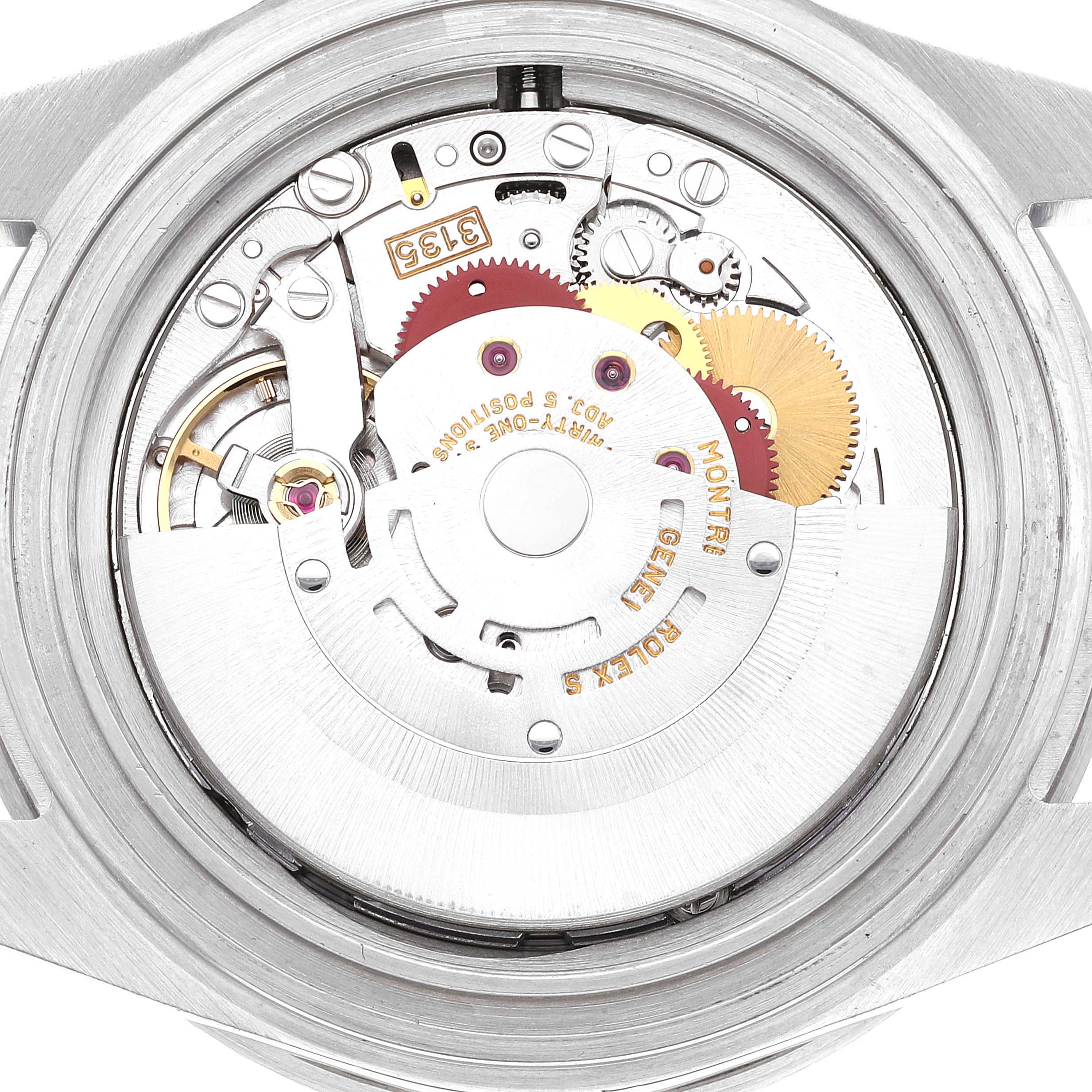 This is a close-up view of the movement mechanism inside a Rolex Submariner 16610 Men
s Stainless Steel Black Dial 16610 Men
s Stainless Steel Black Dial watch, showcasing gears and internal components.