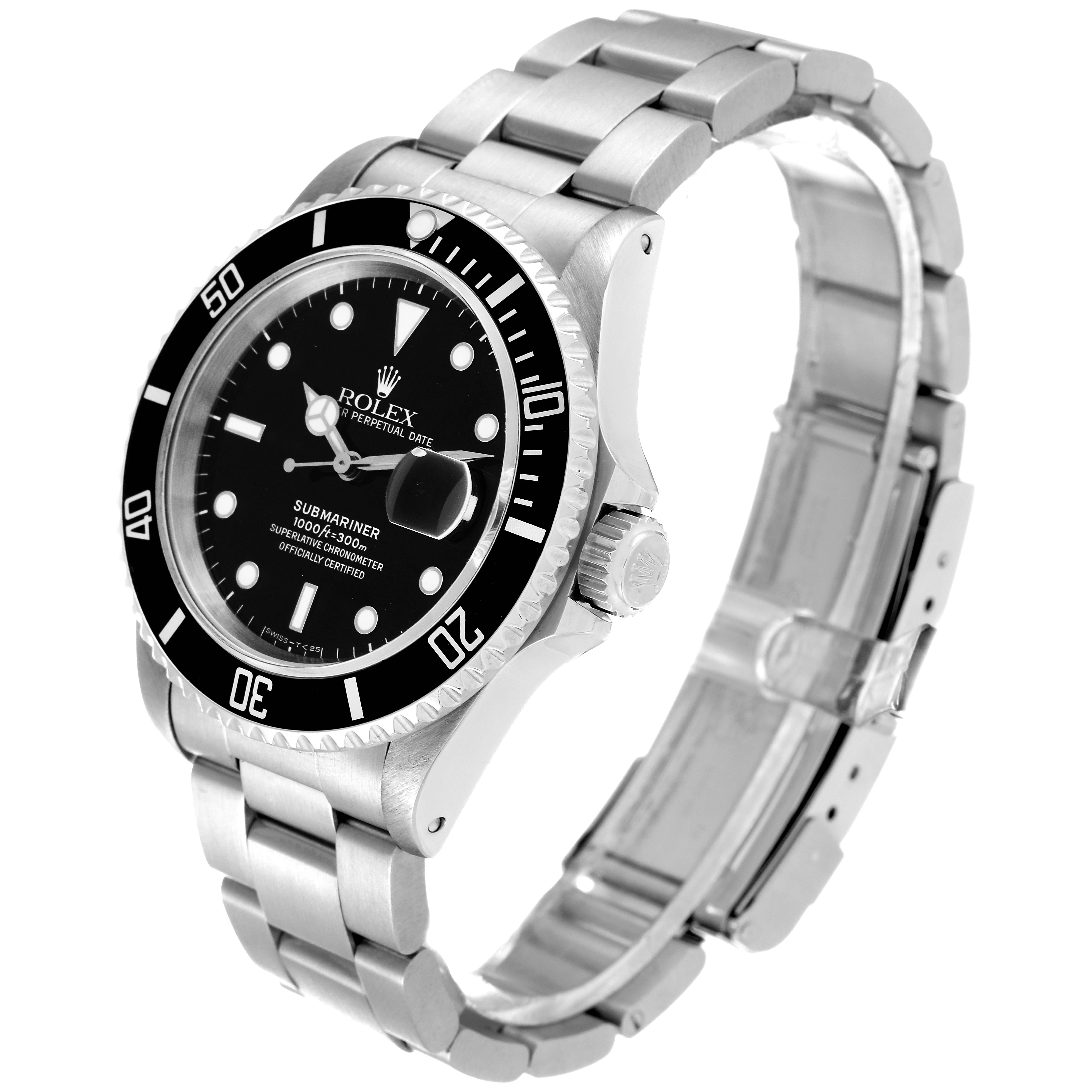 The image shows a Rolex Submariner 16610 Men
s Stainless Steel Black Dial 16610 Men
s Stainless Steel Black Dial watch at a three-quarter angle, highlighting the face, bezel, crown, and stainless steel bracelet.