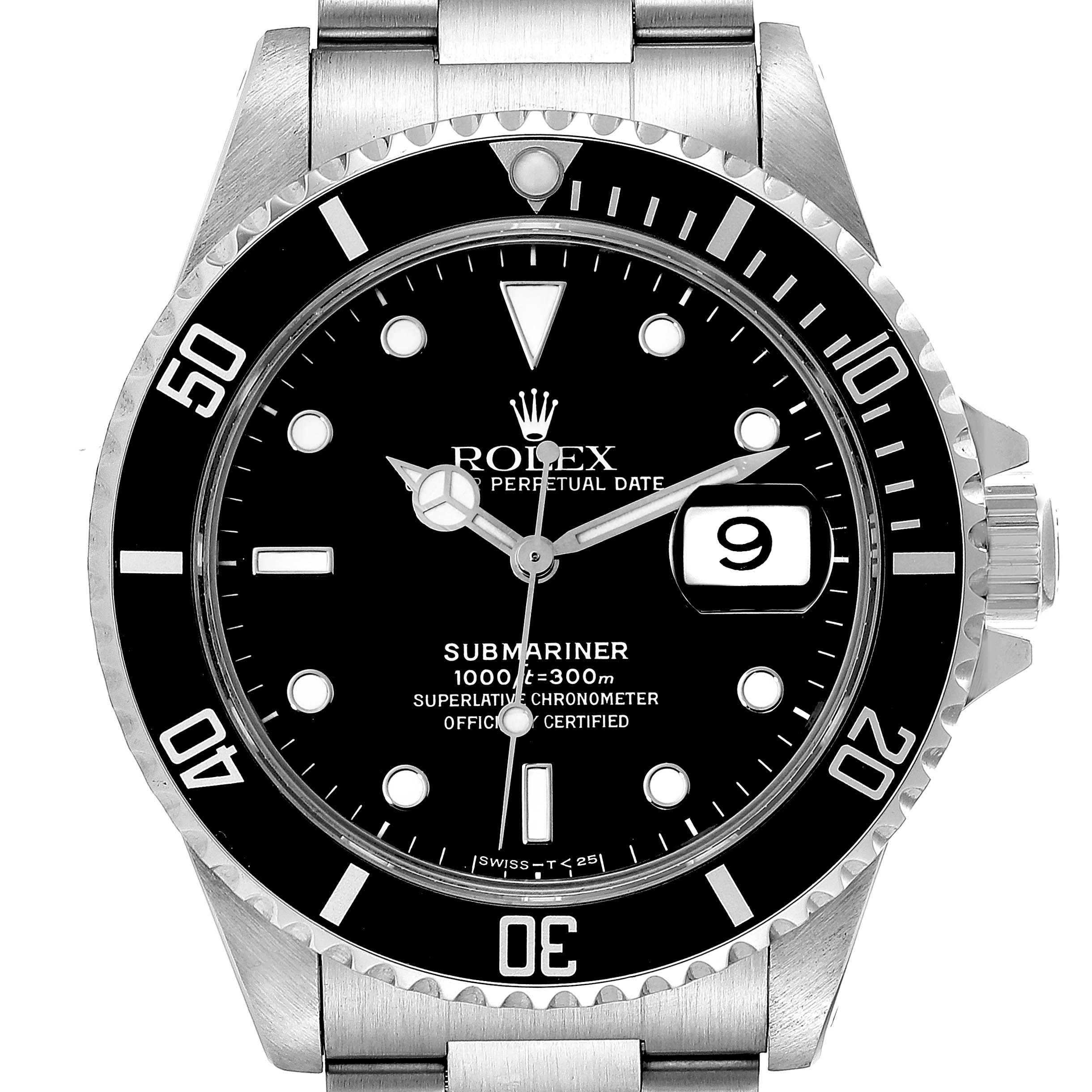 The image shows a frontal view of the Rolex Submariner 16610 Men
s Stainless Steel Black Dial 16610 Men
s Stainless Steel Black Dial watch, displaying its dial, bezel, and bracelet.