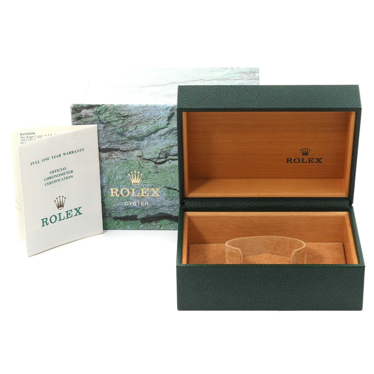 The image shows a Rolex Submariner 16610 Men
s Stainless Steel Black Dial 16610 Men
s Stainless Steel Black Dial watch box and warranty card from a front view.