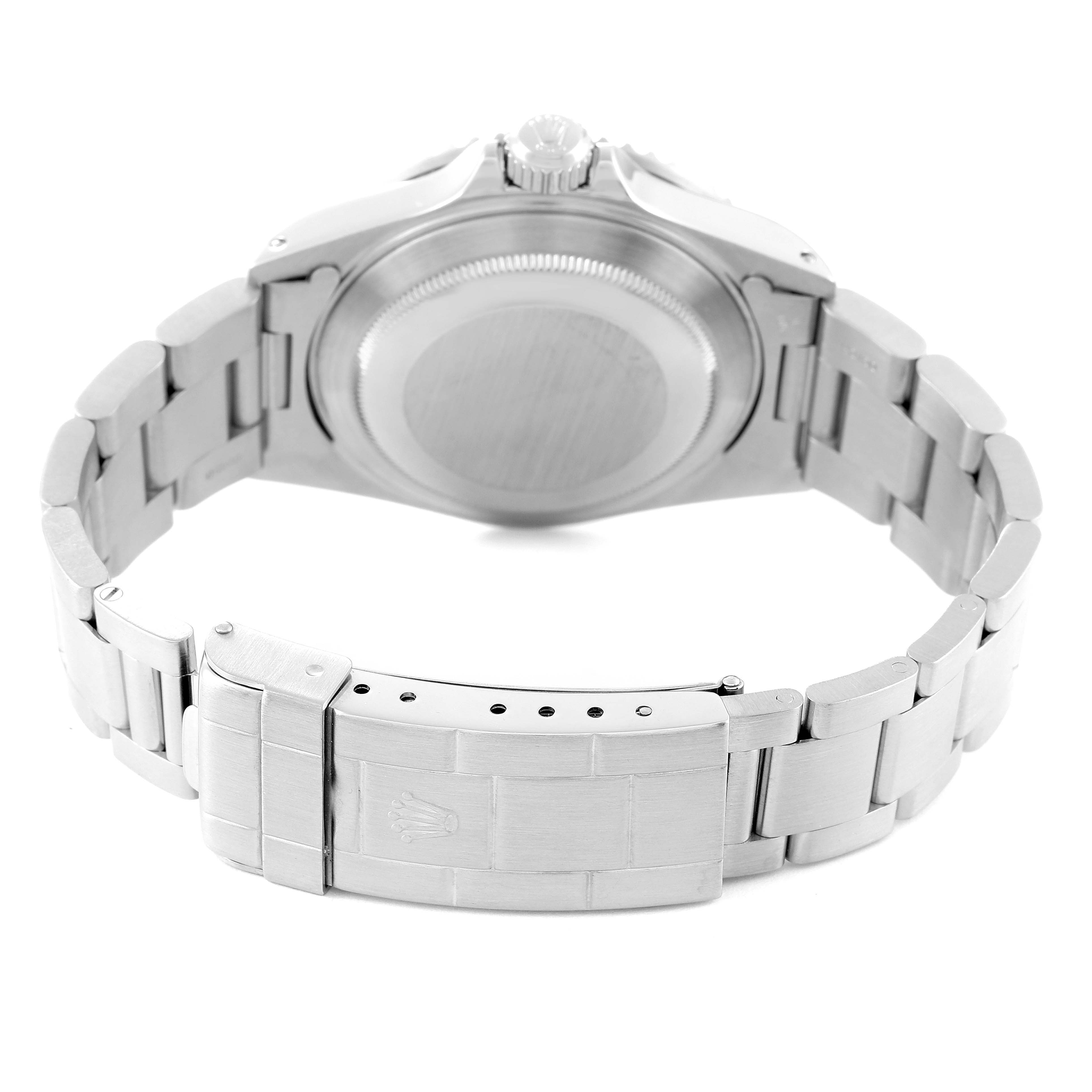 The image shows the back and clasp of a Rolex Submariner 16610 Men
s Stainless Steel Black Dial 16610 Men
s Stainless Steel Black Dial watch viewed from an almost straight-on angle.