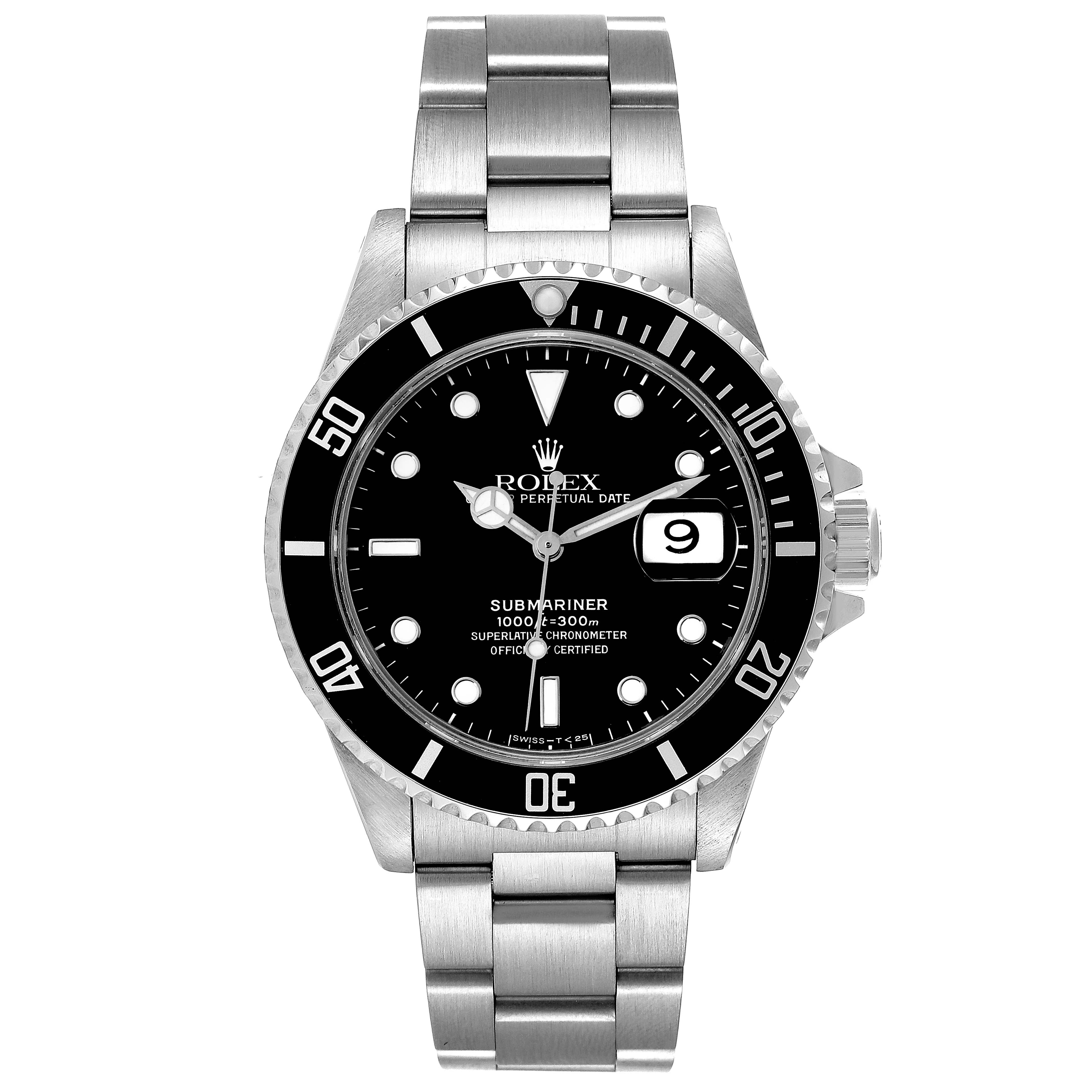 The image shows a front view of a Rolex Submariner 16610 Men
s Stainless Steel Black Dial 16610 Men
s Stainless Steel Black Dial watch, displaying its face, bezel, case, and stainless steel bracelet.