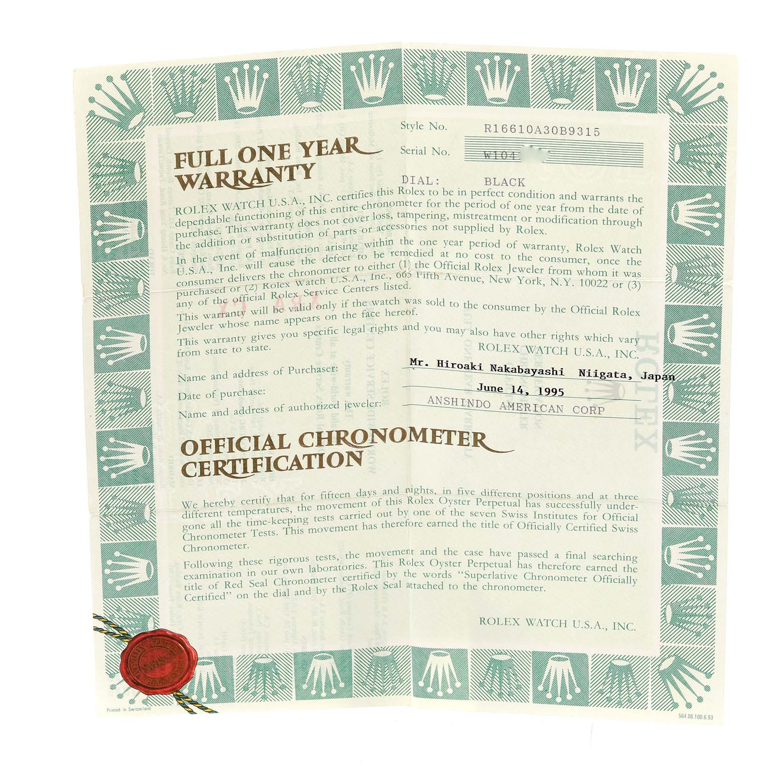 The image shows a straight-on shot of a warranty card and official chronometer certification for a Rolex Submariner 16610 Men
s Stainless Steel Black Dial 16610 Men
s Stainless Steel Black Dial model.