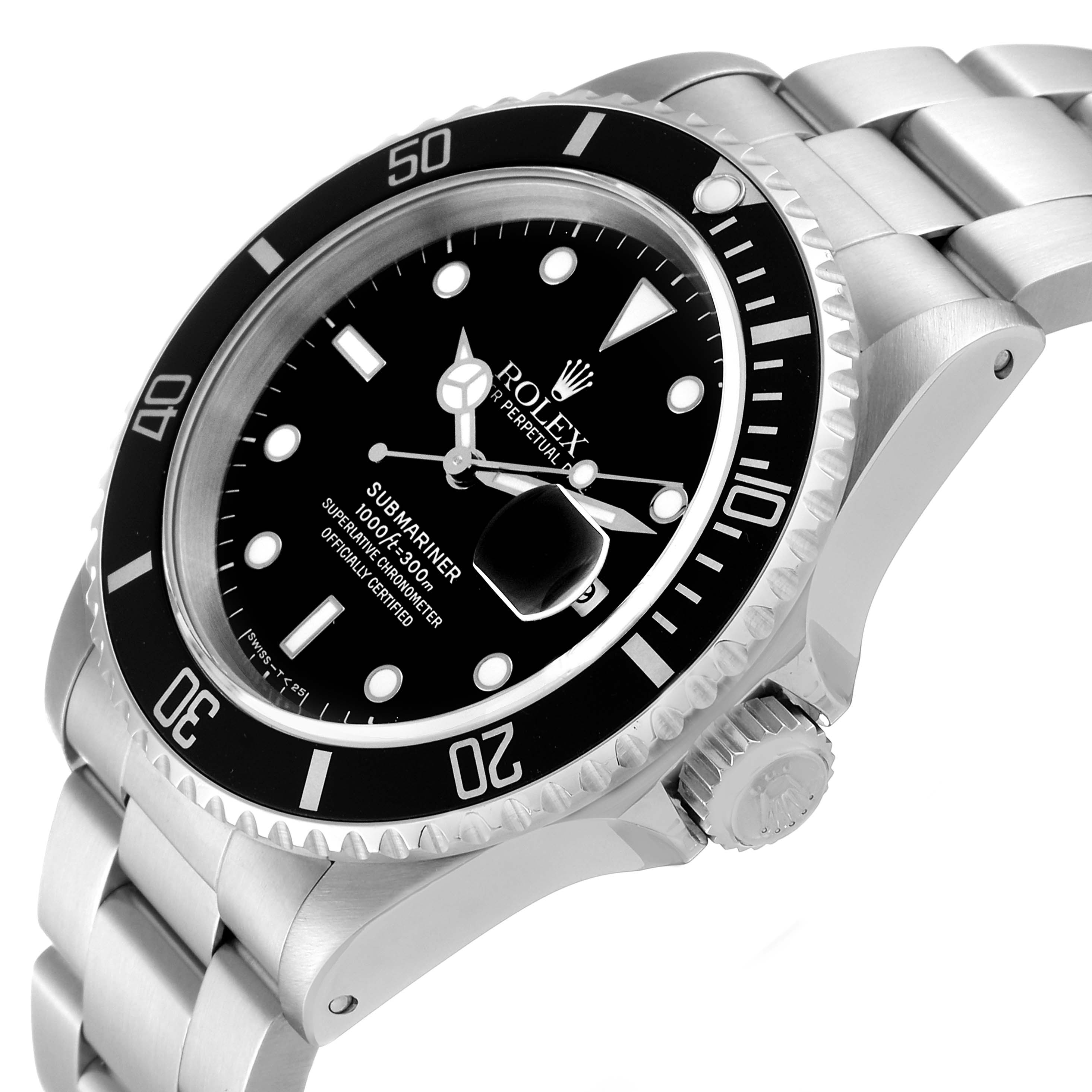 The image shows a Rolex Submariner 16610 Men
s Stainless Steel Black Dial 16610 Men
s Stainless Steel Black Dial watch at a slight angle, highlighting the dial, bezel, crown, and bracelet.