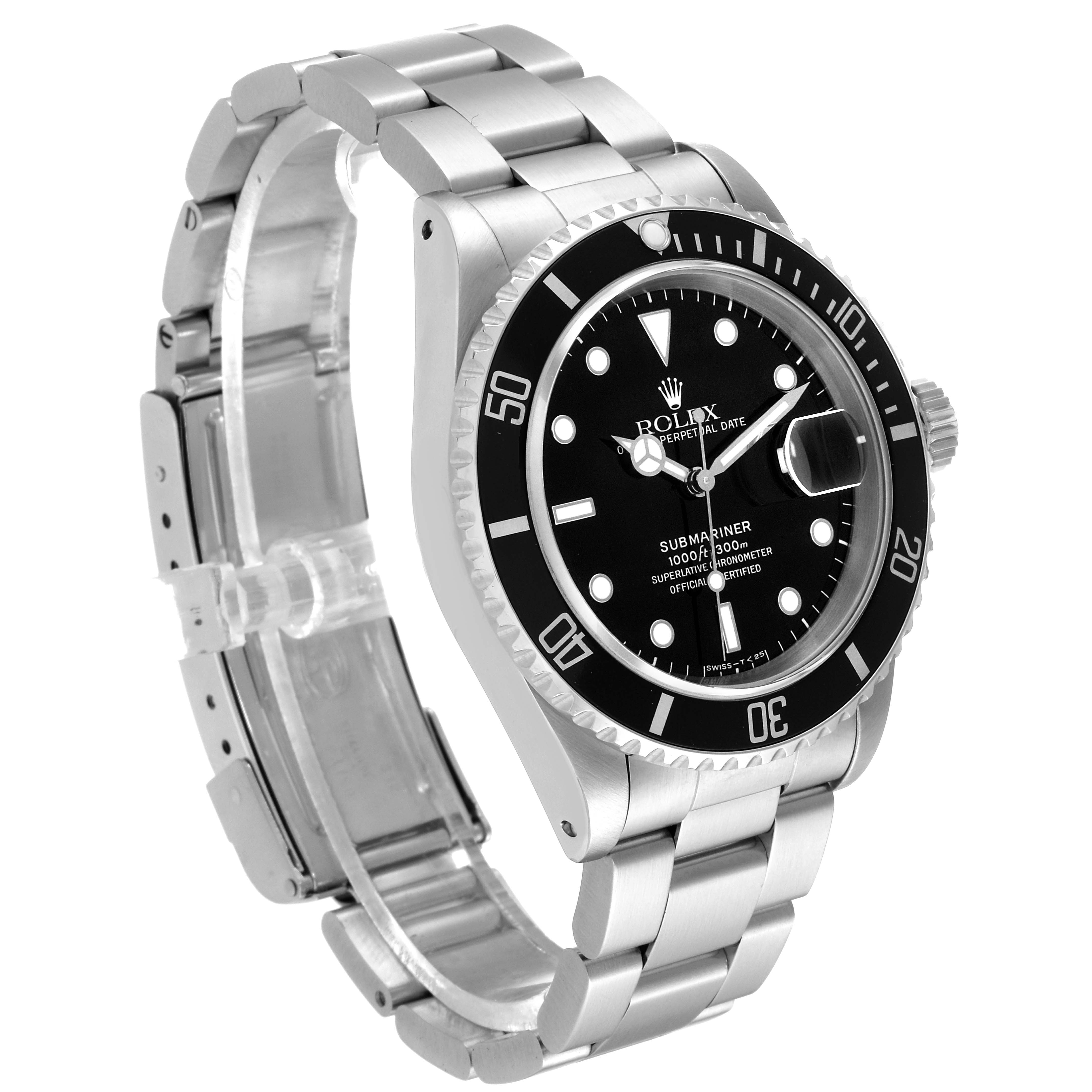 The image shows a side angle of a Rolex Submariner 16610 Men
s Stainless Steel Black Dial 16610 Men
s Stainless Steel Black Dial watch, highlighting the face, bezel, and part of the stainless steel bracelet.
