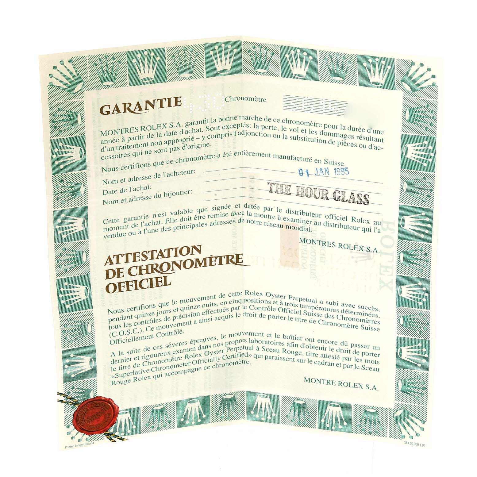 This image shows the warranty certificate for a Rolex Submariner 16610 Men
s Stainless Steel Black Dial 16610 Men
s Stainless Steel Black Dial watch, including purchase date and seller details.