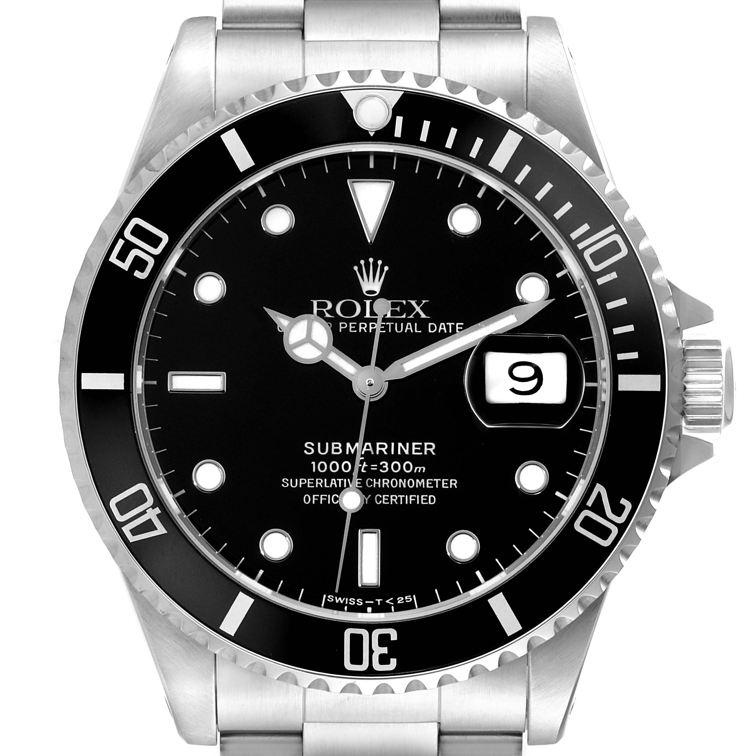 The image shows a frontal view of the Rolex Submariner 16610 Men
s Stainless Steel Black Dial 16610 Men
s Stainless Steel Black Dial, highlighting the dial, bezel, crown, and part of the bracelet.