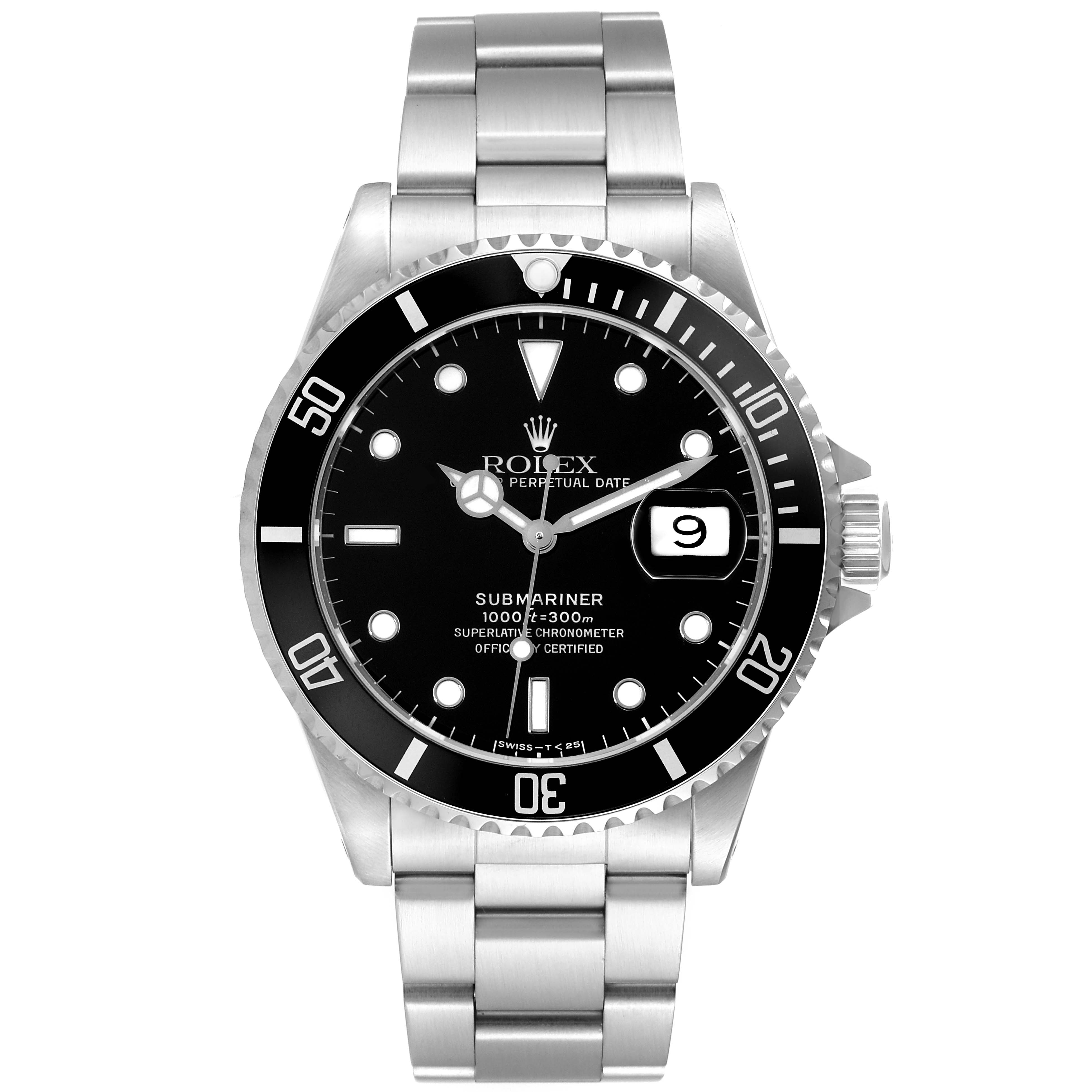 This image shows a full frontal view of a Rolex Submariner 16610 Men
s Stainless Steel Black Dial 16610 Men
s Stainless Steel Black Dial watch, displaying the dial, bezel, crown, and bracelet.