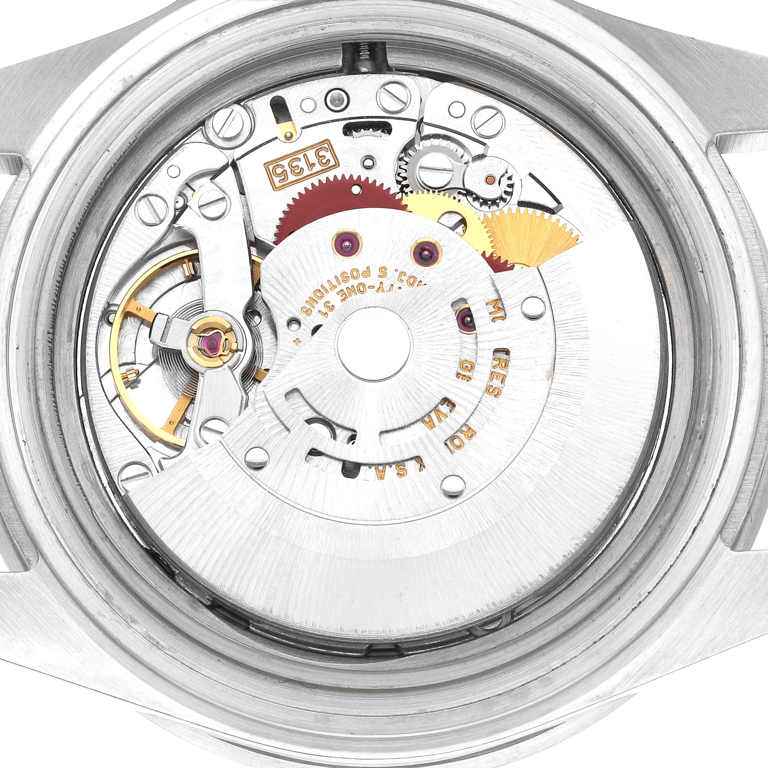 The image shows the internal mechanics of a Rolex Submariner 16610 Men
s Stainless Steel Black Dial 16610 Men
s Stainless Steel Black Dial watch, viewed from the back, exposing various gears and the rotor.