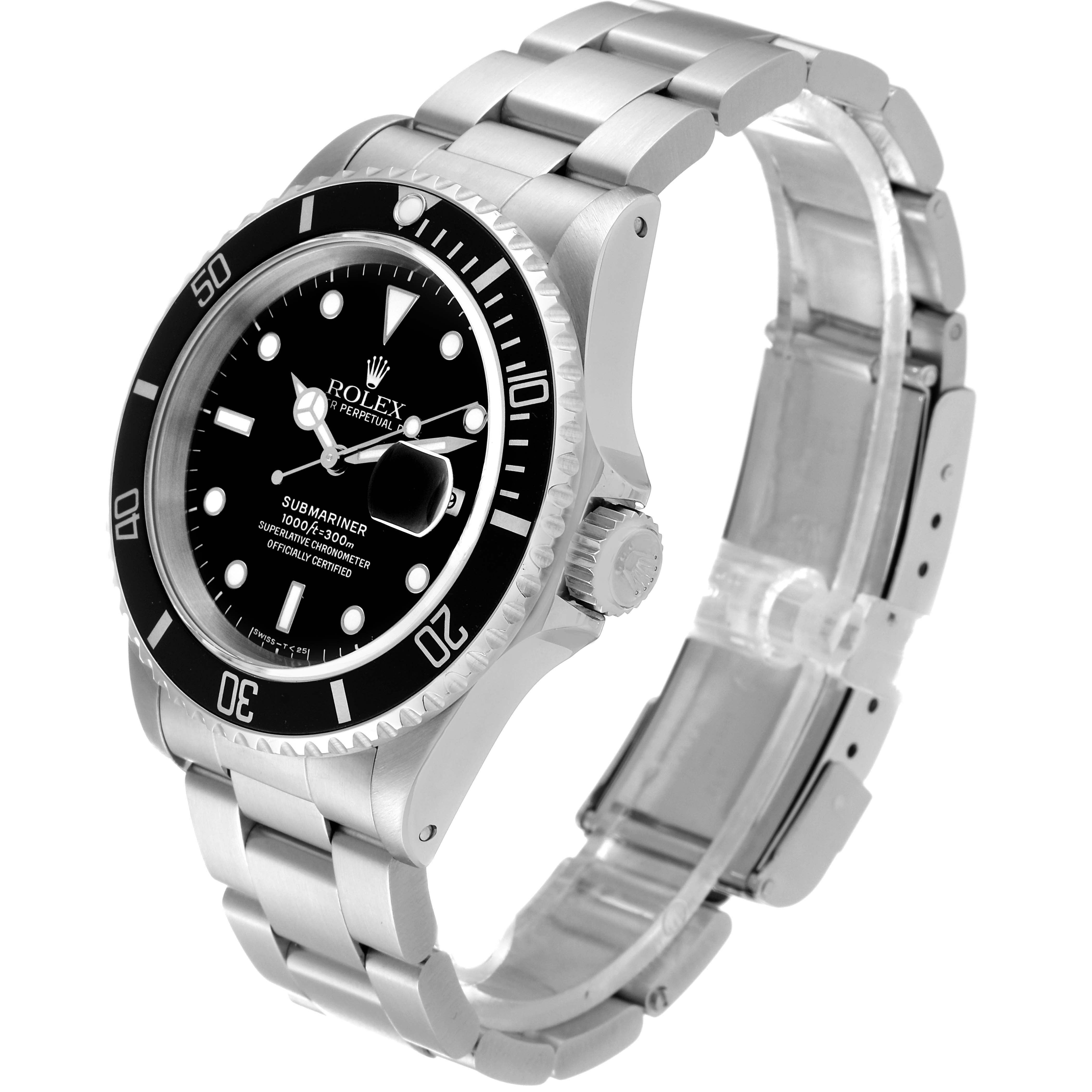 This image shows a side-angle view of the Rolex Submariner 16610 Men
s Stainless Steel Black Dial 16610 Men
s Stainless Steel Black Dial watch, highlighting the bracelet, dial, bezel, and crown.
