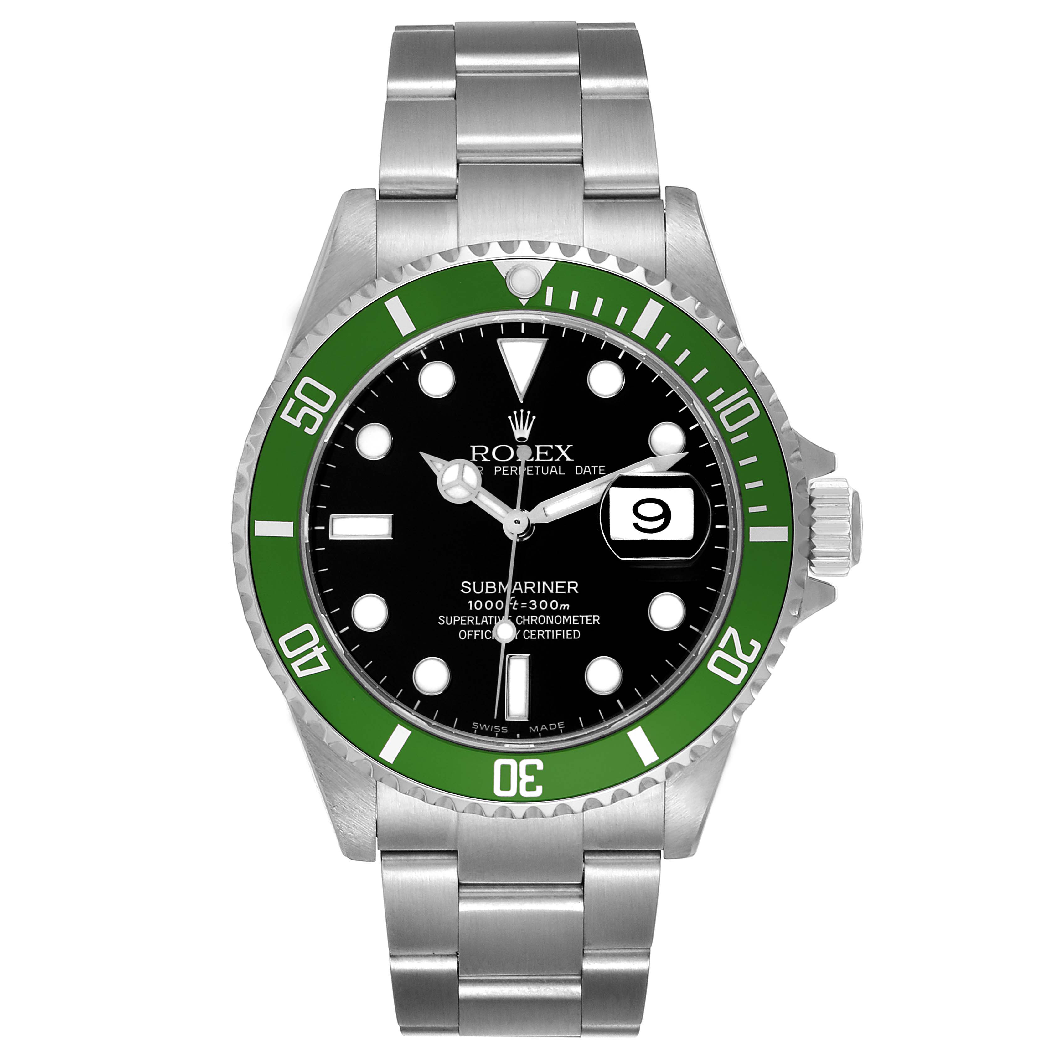 This image shows a front view of a Rolex Submariner 16610LV Men's Stainless Steel Black Dial 16610LV Men's Stainless Steel Black Dial watch, displaying its dial, bezel, crown, and bracelet.