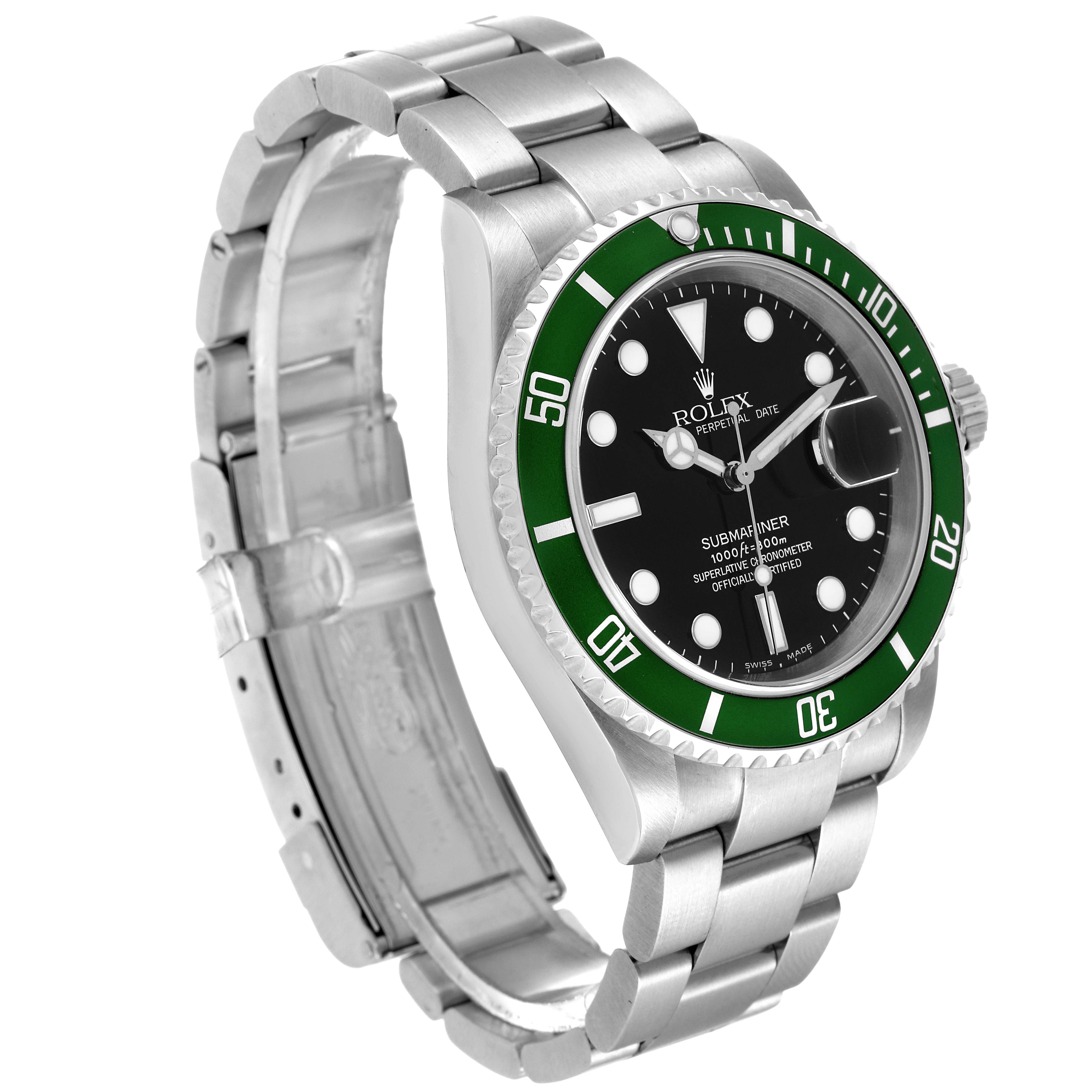 This image shows a side angle of the Rolex Submariner 16610LV Men's Stainless Steel Black Dial 16610LV Men's Stainless Steel Black Dial watch, focusing on the dial, bezel, crown, and bracelet.