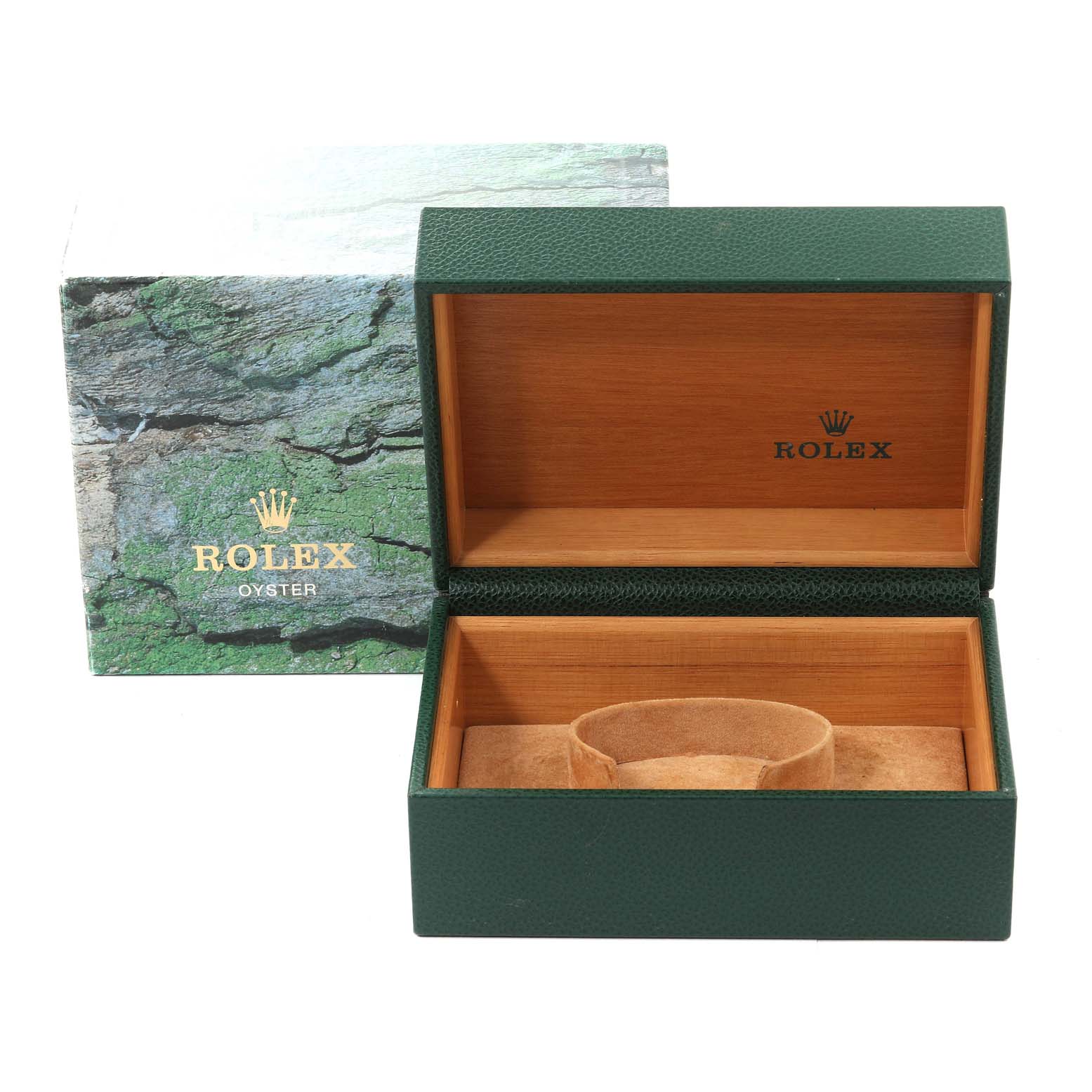 This image shows an open green Rolex watch box with a display cushion, designed for a Rolex Submariner 16610LV Men's Stainless Steel Black Dial 16610LV Men's Stainless Steel Black Dial model.
