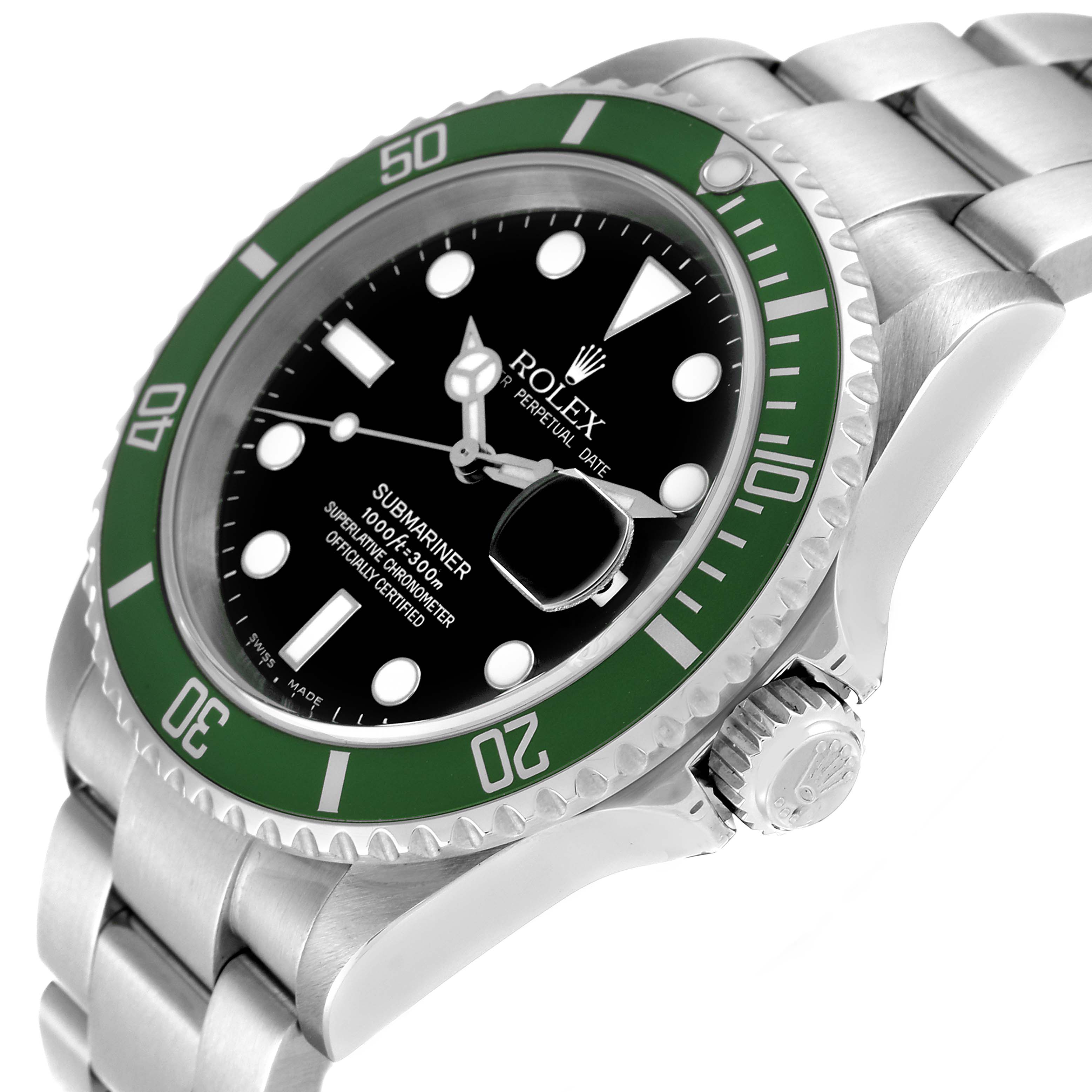 This image shows a side-angle view of the Rolex Submariner 16610LV Men's Stainless Steel Black Dial 16610LV Men's Stainless Steel Black Dial watch, highlighting its green bezel, black dial, bracelet, and crown.