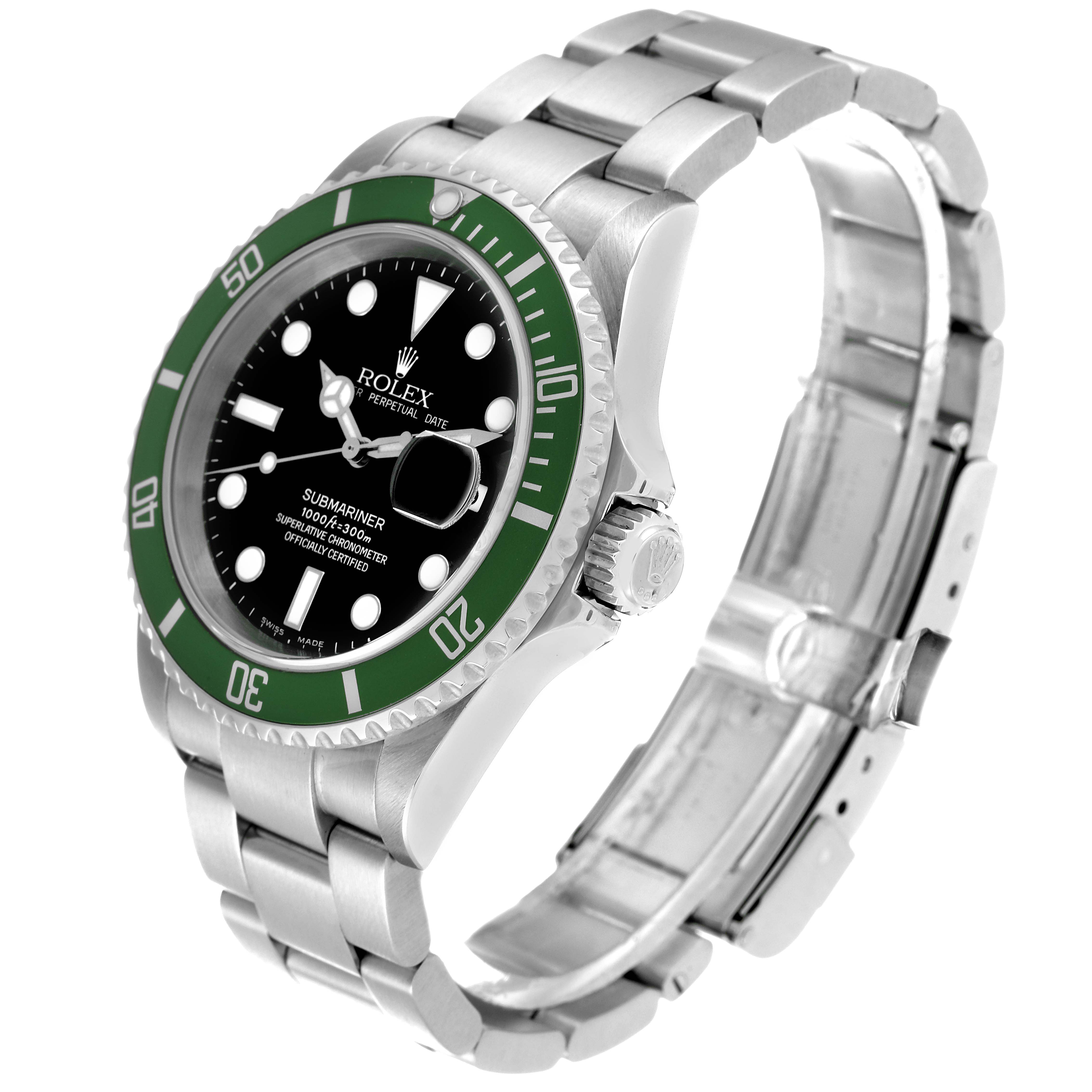 The Rolex Submariner 16610LV Men's Stainless Steel Black Dial 16610LV Men's Stainless Steel Black Dial watch is shown at an angled side view, displaying the bezel, dial, case, and bracelet.