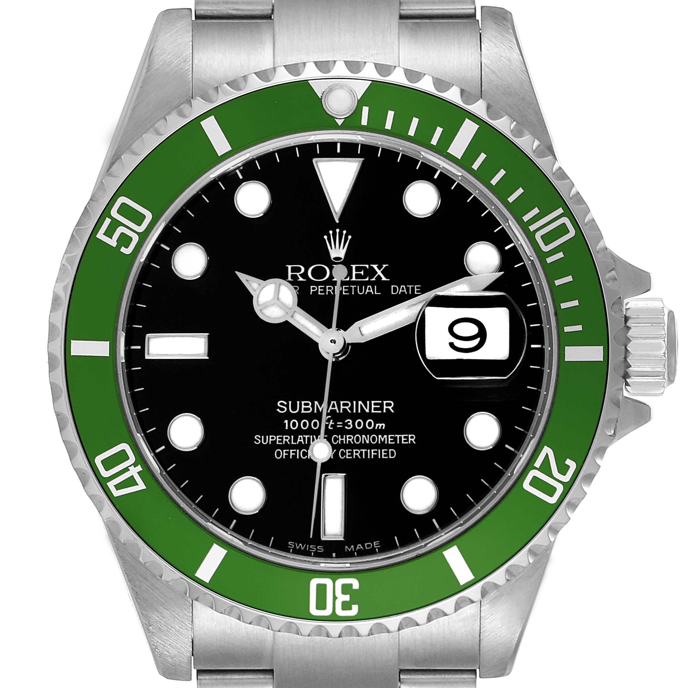 The image shows a front view of a Rolex Submariner 16610LV Men's Stainless Steel Black Dial 16610LV Men's Stainless Steel Black Dial watch, featuring its dial, bezel, hands, and date display.