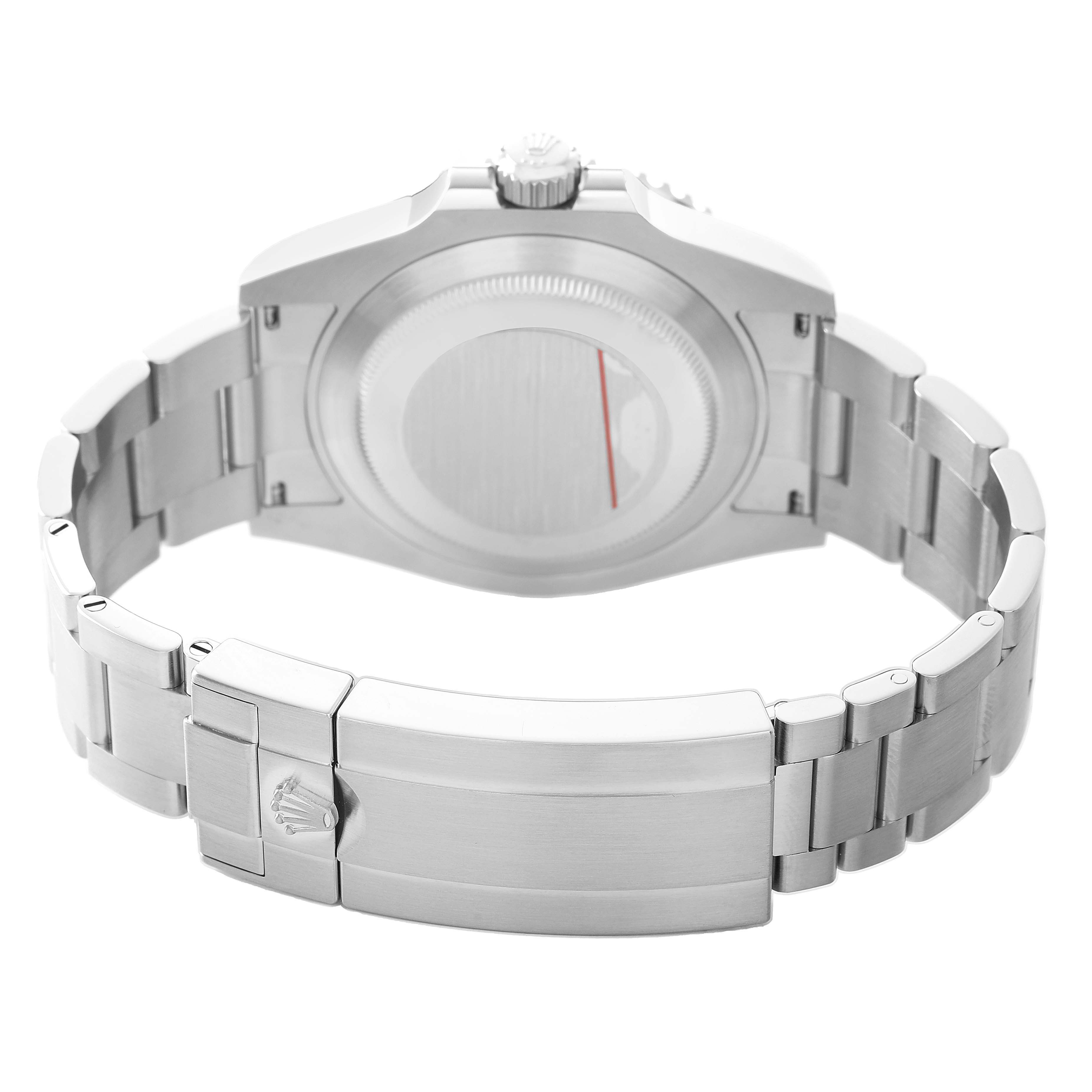 The image shows the back case and bracelet clasp of a Rolex Submariner 126610LV Men's Stainless Steel Black Dial watch from a rear angle.