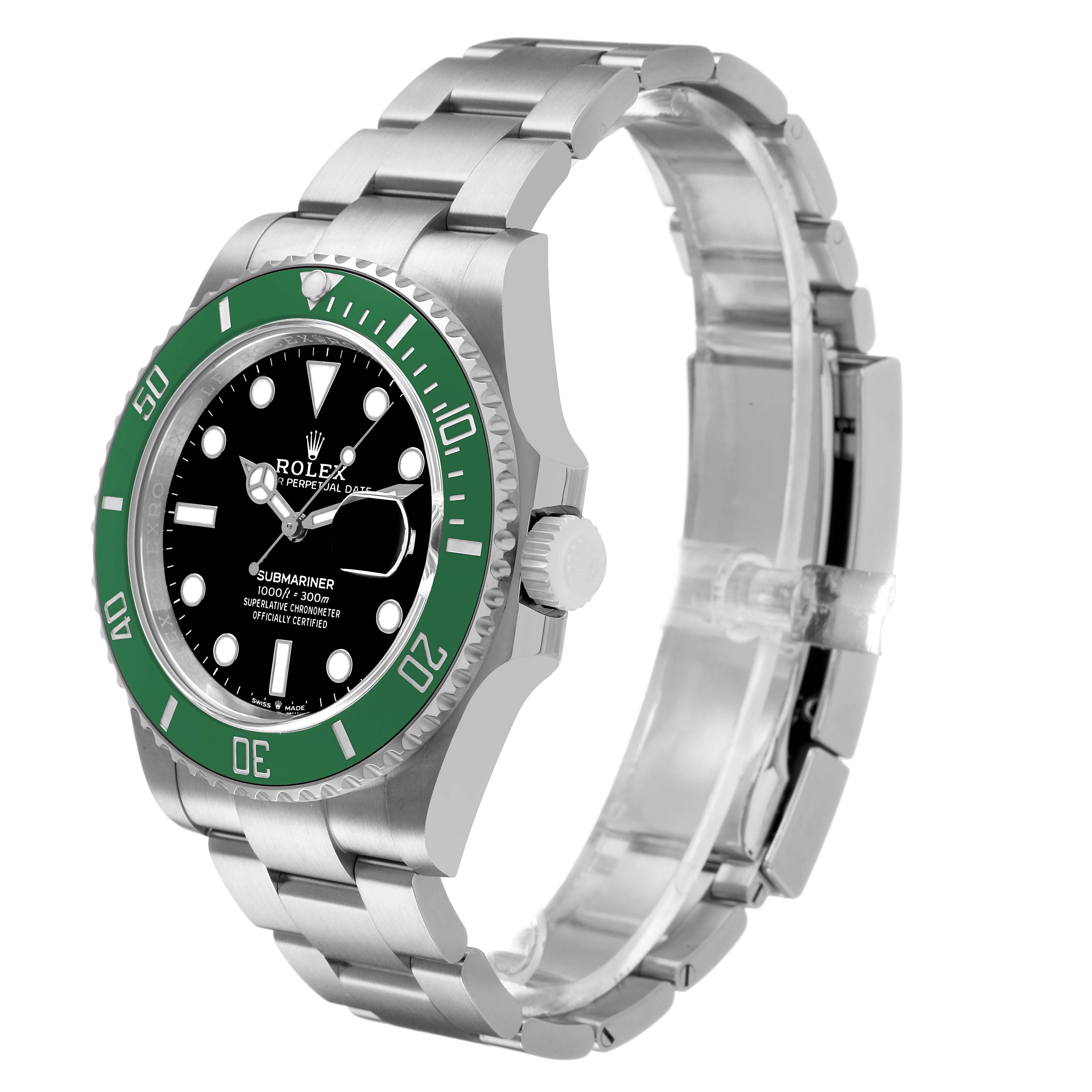 The Rolex Submariner 126610LV Men's Stainless Steel Black Dial is shown at a three-quarter angle, displaying its green bezel, black dial, and stainless steel bracelet.