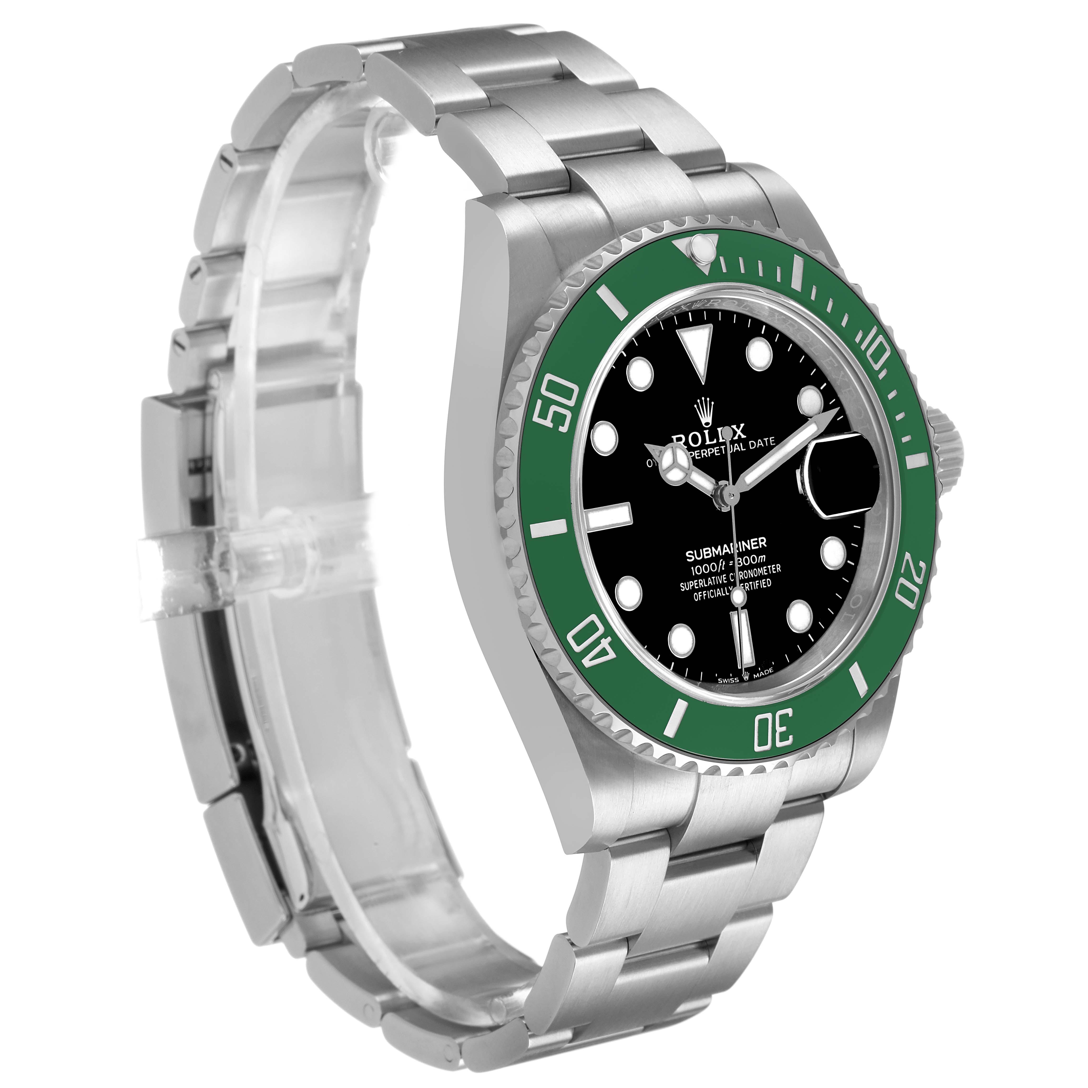 The Rolex Submariner 126610LV Men's Stainless Steel Black Dial watch is shown from an angled side view, displaying its green bezel, black dial, and stainless steel bracelet.