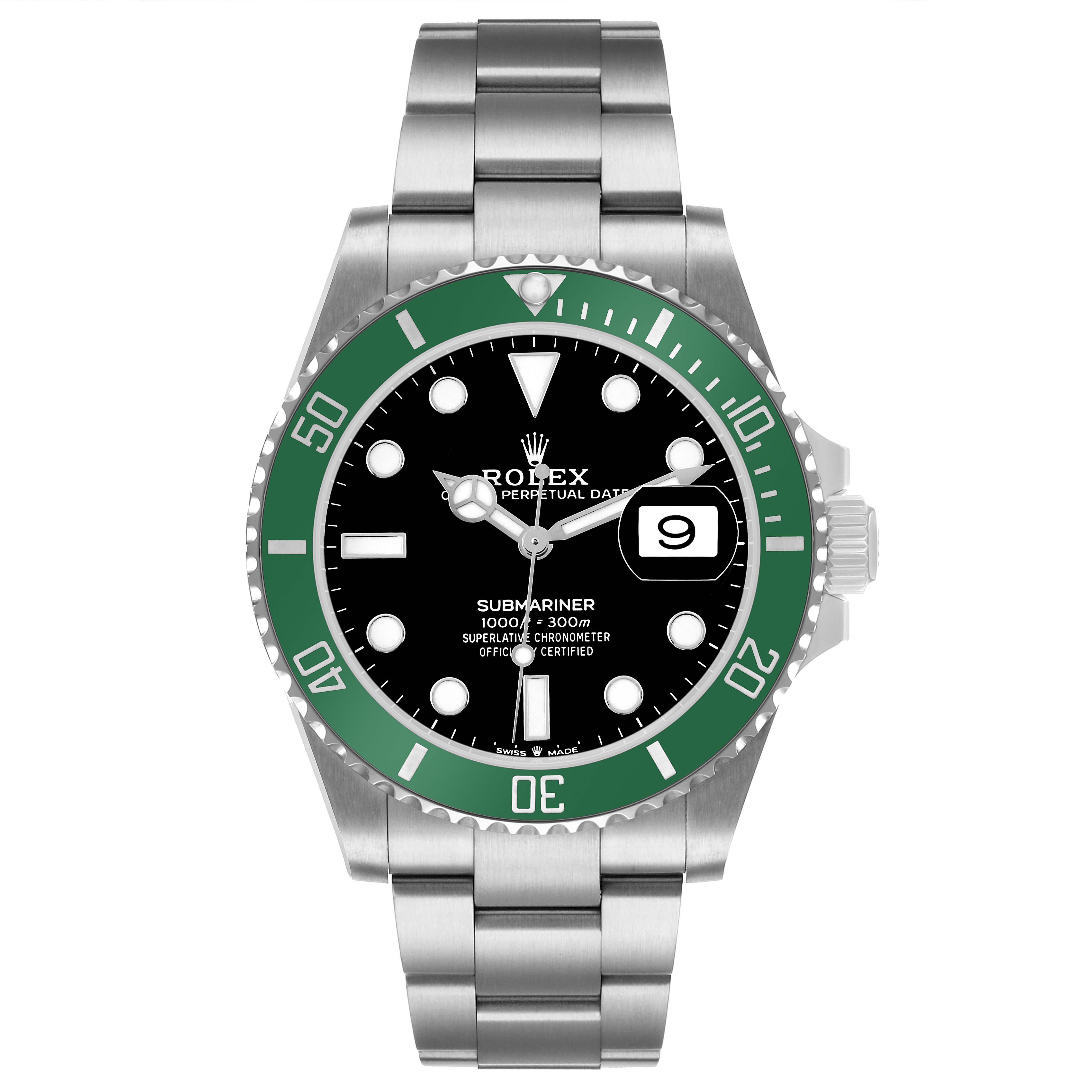 The Rolex Submariner 126610LV Men's Stainless Steel Black Dial is shown from the front, displaying its black dial, green bezel, and metal bracelet.