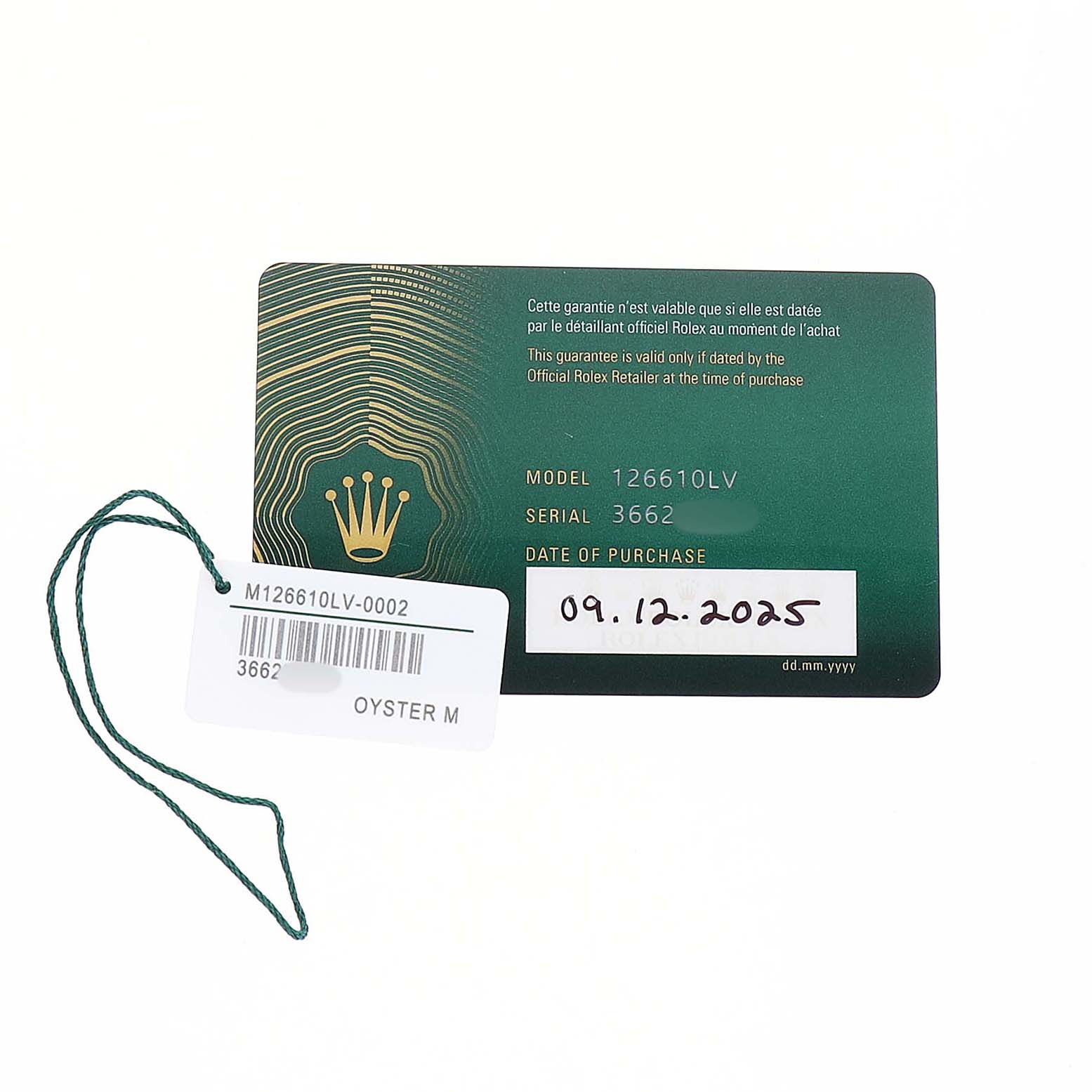 The image shows a guarantee card and tag for a Rolex Submariner 126610LV Men's Stainless Steel Black Dial model 126610LV, viewed from above.