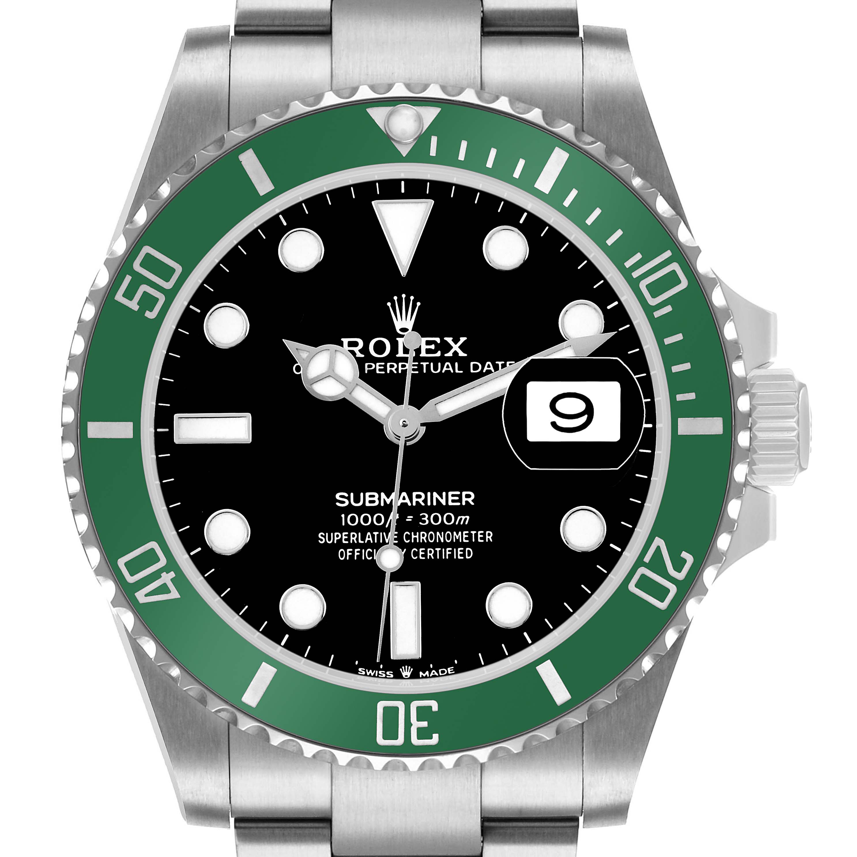 The image shows a Rolex Submariner 126610LV Men's Stainless Steel Black Dial watch from a front view, highlighting the bezel, dial, crown, and date window.
