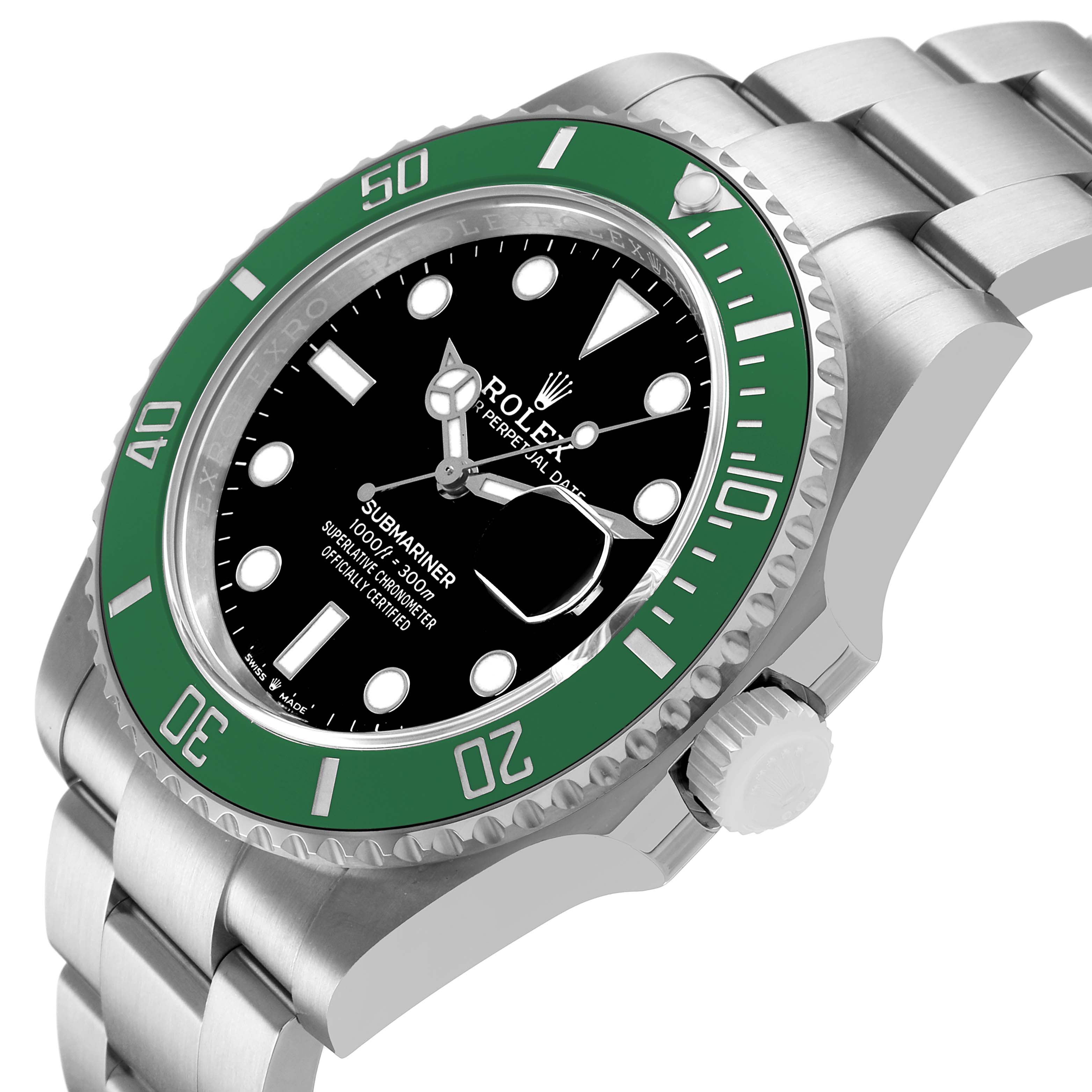 The Rolex Submariner 126610LV Men's Stainless Steel Black Dial watch is shown at an angled side view, highlighting the green bezel, black dial, and silver bracelet.