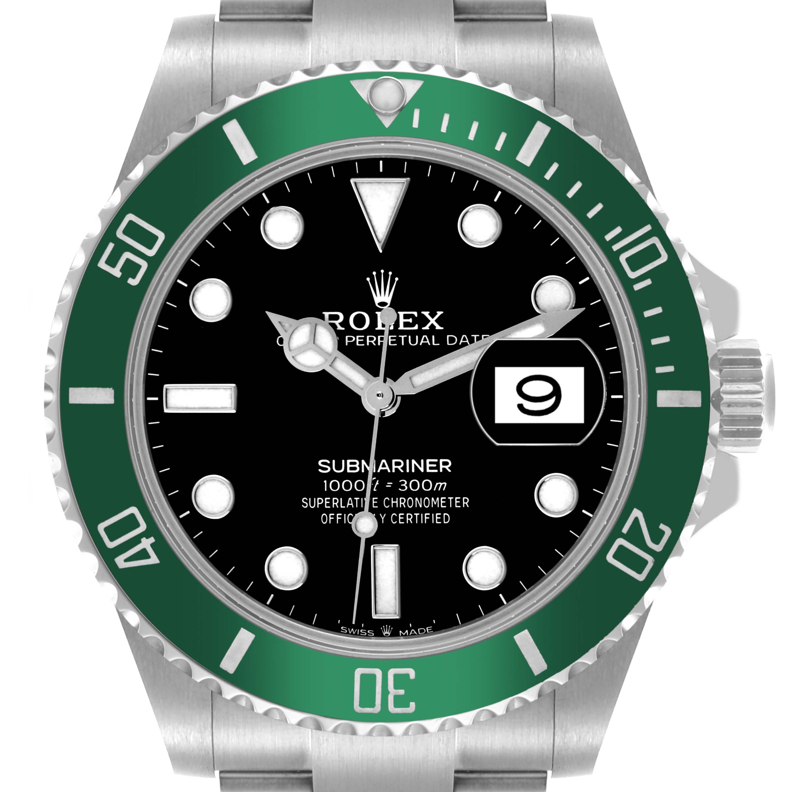 The Rolex Submariner 126610LV Men's Stainless Steel Black Dial 126610LV Men's Stainless Steel Black Dial is shown from the front, displaying its dial, green bezel, and oyster bracelet.