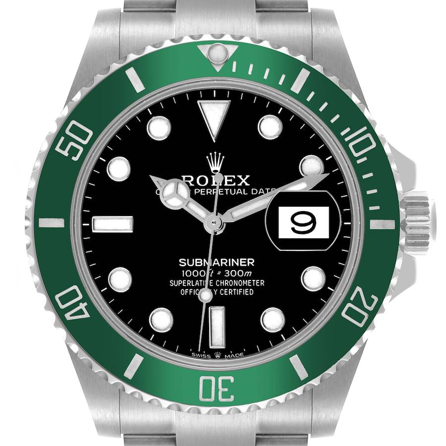 The Rolex Submariner is shown from the front, displaying its dial, green bezel, and oyster bracelet.