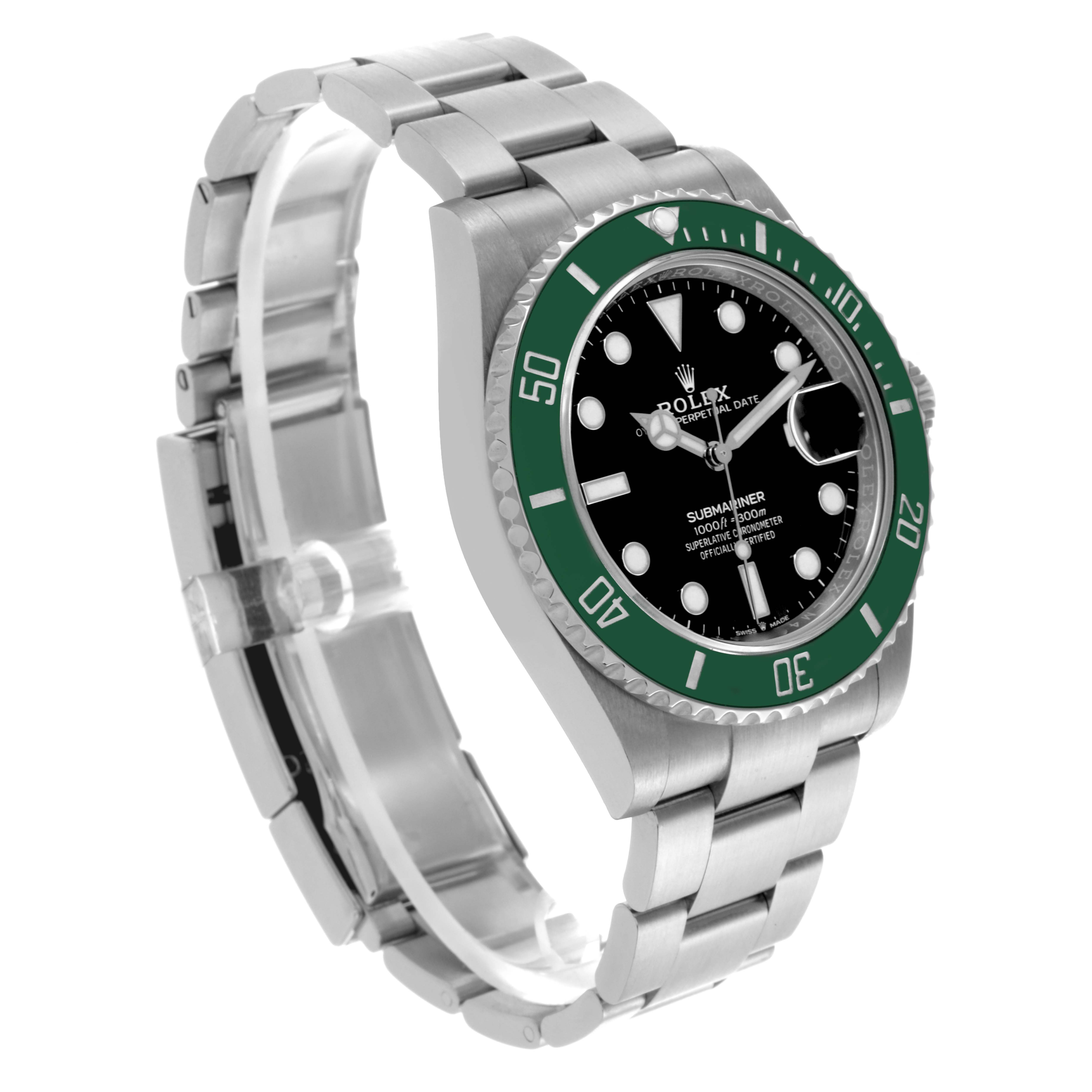 The Rolex Submariner 126610LV Men's Stainless Steel Black Dial 126610LV Men's Stainless Steel Black Dial is shown at a three-quarter angle, highlighting the green bezel, black dial, and bracelet.