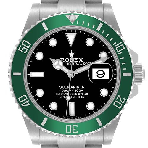 The image shows a front view of a Rolex Submariner watch, highlighting the green bezel, black dial, and date window.