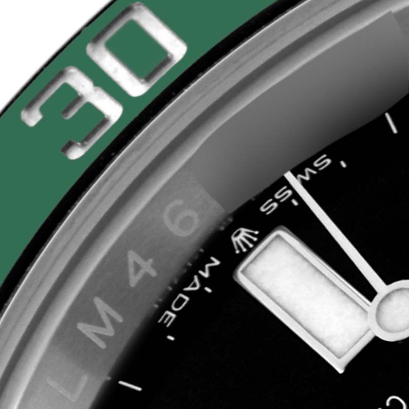 The image shows a close-up of the bezel, dial, and minute hand of a Rolex Submariner 126610LV Men's Stainless Steel Black Dial 126610LV Men's Stainless Steel Black Dial.