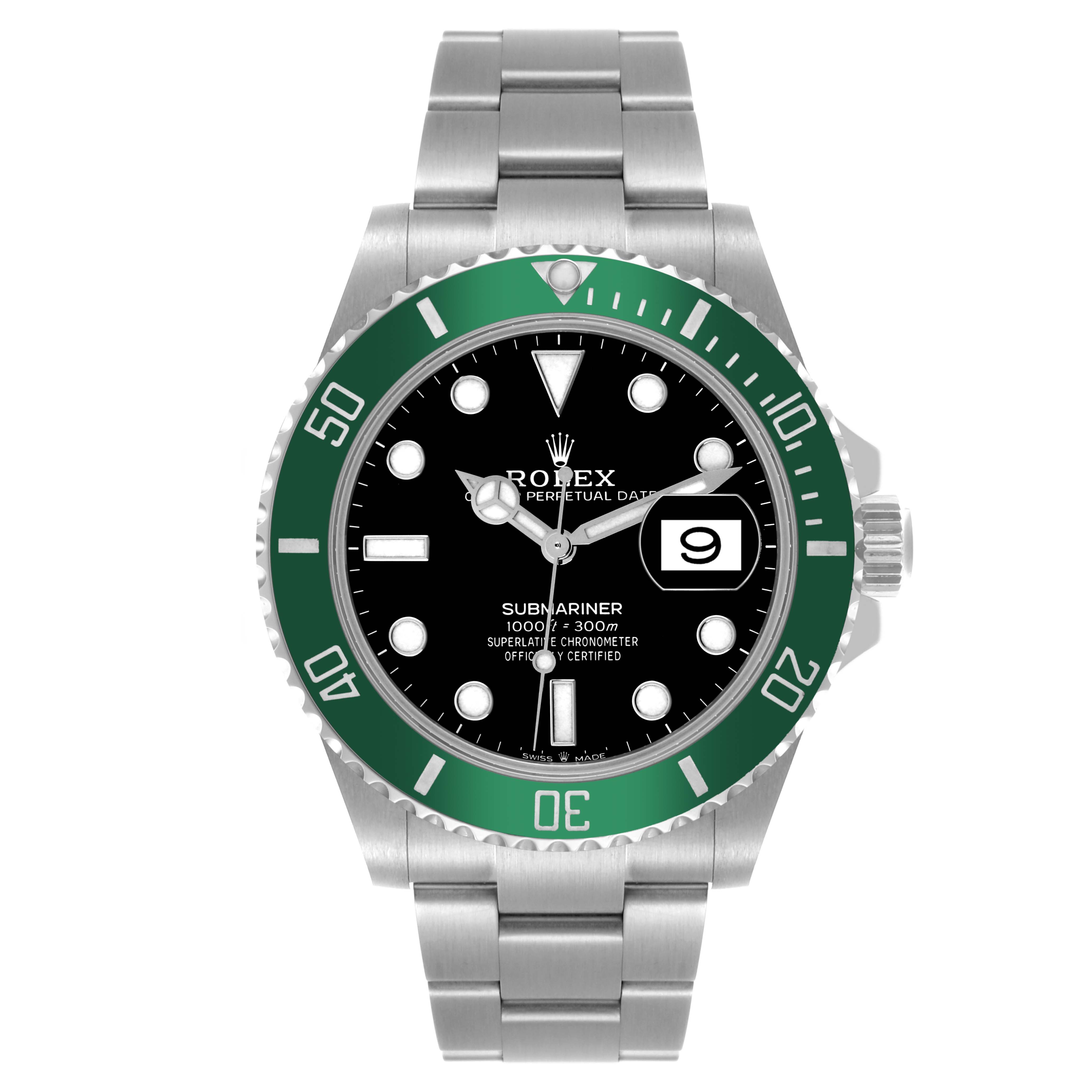 The Rolex Submariner 126610LV Men's Stainless Steel Black Dial 126610LV Men's Stainless Steel Black Dial is shown from a straight-on angle, highlighting its green bezel, black dial, and stainless steel bracelet.