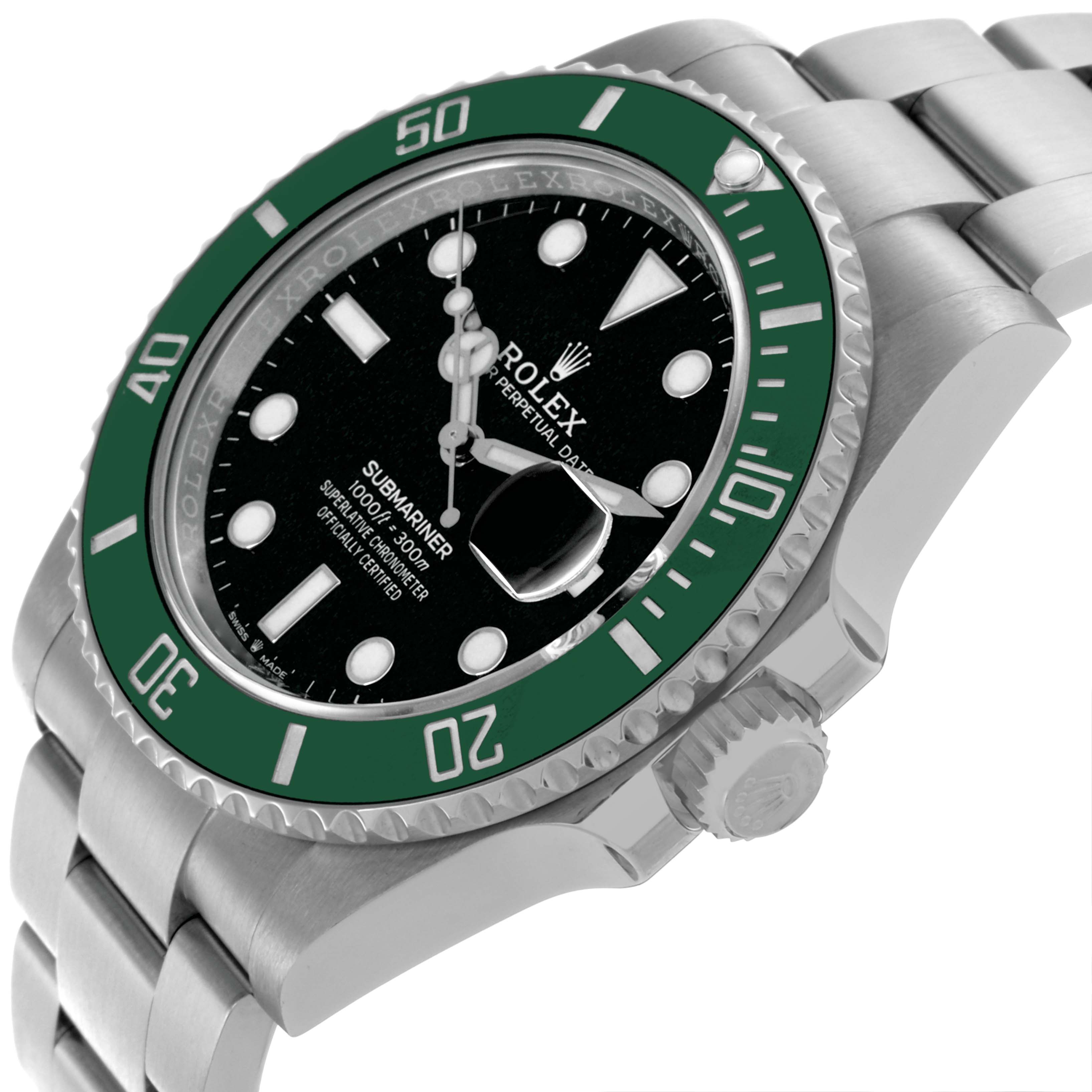 The Rolex Submariner 126610LV Men's Stainless Steel Black Dial 126610LV Men's Stainless Steel Black Dial watch is shown from an angled side view, displaying the bezel, crown, dial, and part of the bracelet.