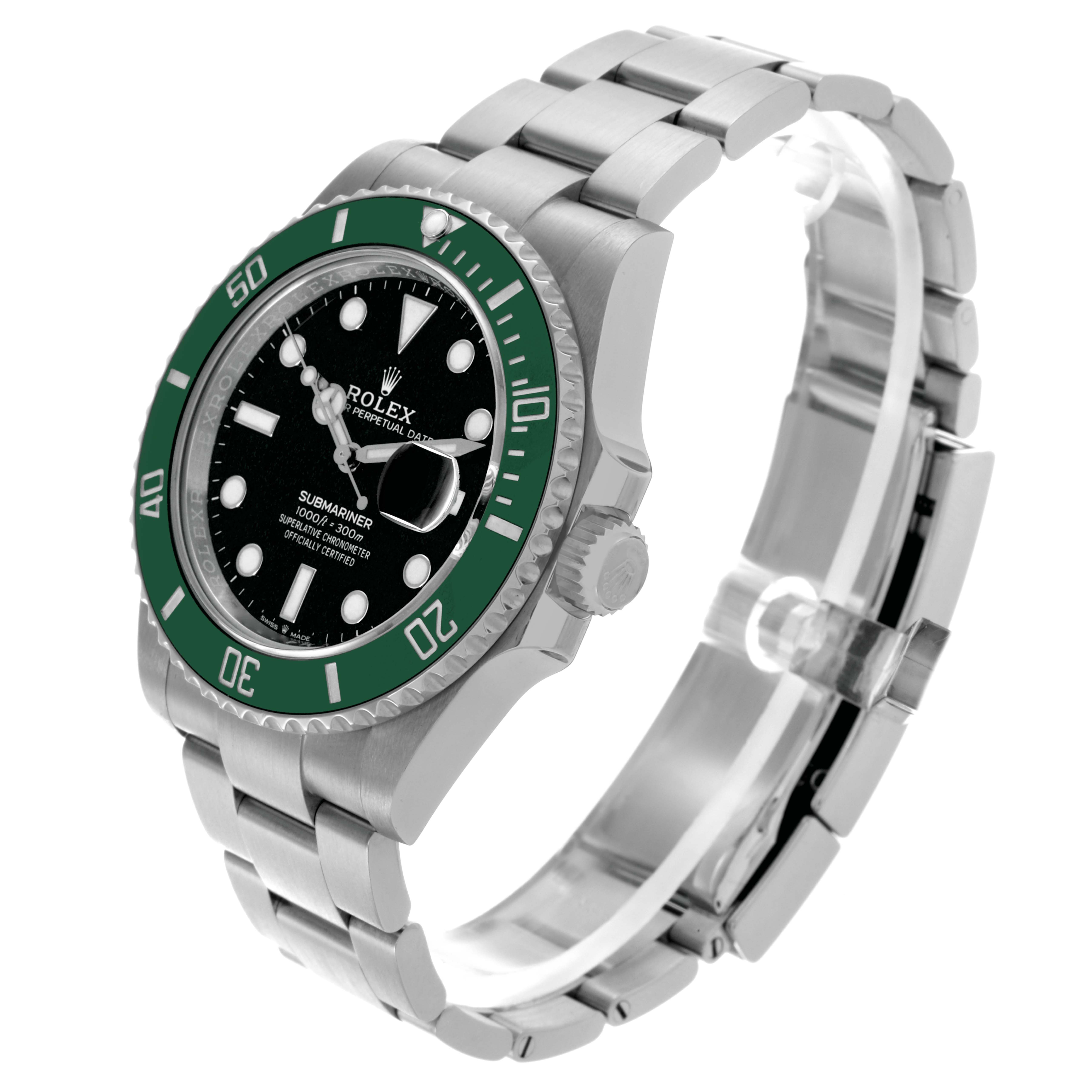 The Rolex Submariner 126610LV Men's Stainless Steel Black Dial 126610LV Men's Stainless Steel Black Dial watch is shown at a three-quarter angle, highlighting the bezel, dial, and bracelet.
