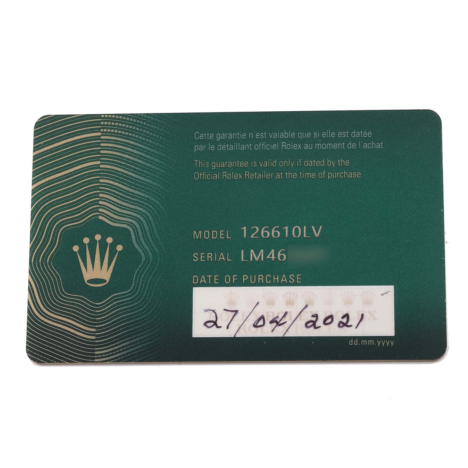 The image shows a Rolex Submariner 126610LV Men's Stainless Steel Black Dial 126610LV Men's Stainless Steel Black Dial model 126610LV warranty card, displaying the model, serial number, and purchase date.