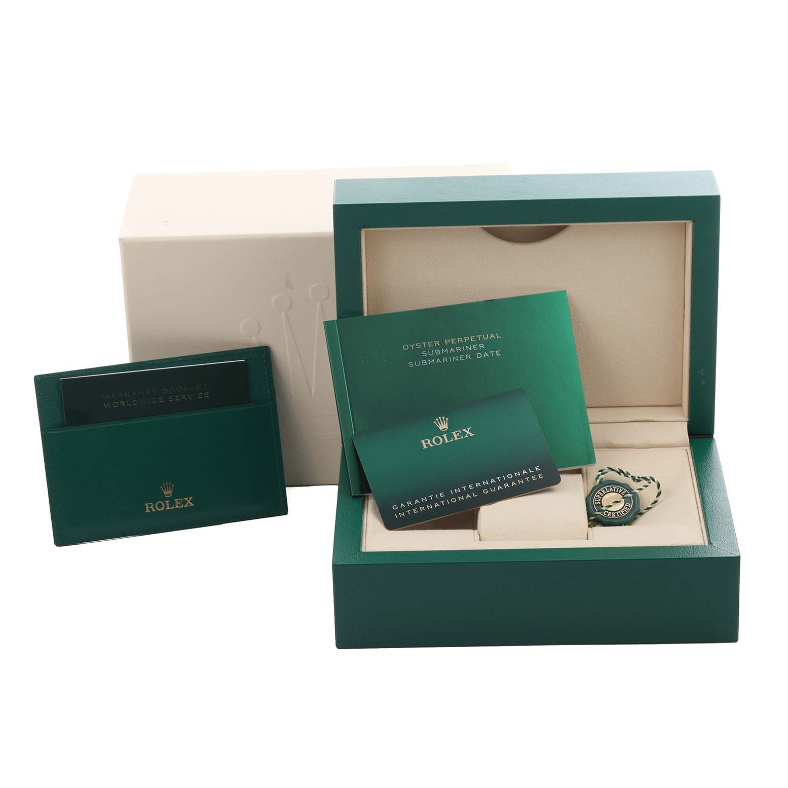 The image shows a Rolex Submariner 126610LV Men's Stainless Steel Black Dial 126610LV Men's Stainless Steel Black Dial watch box, warranty booklet, guarantee card, and a tag, all viewed from the front.