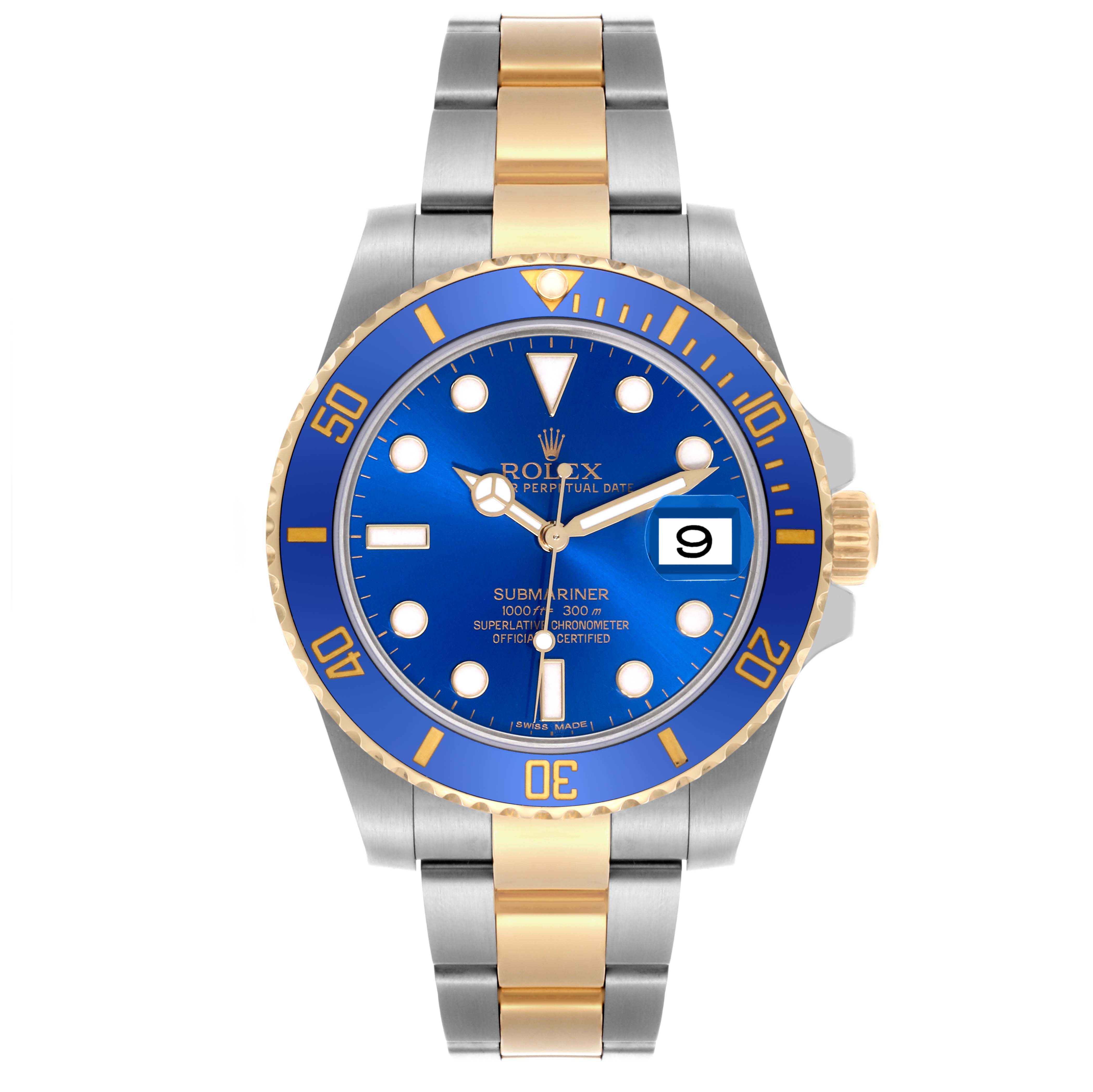 The Rolex Submariner 116613LB Men's Steel and Gold (two tone) Blue Dial 116613LB Men's Steel and Gold (two tone) Blue Dial watch is shown from a front angle, displaying the blue dial, bezel, and two-tone bracelet.