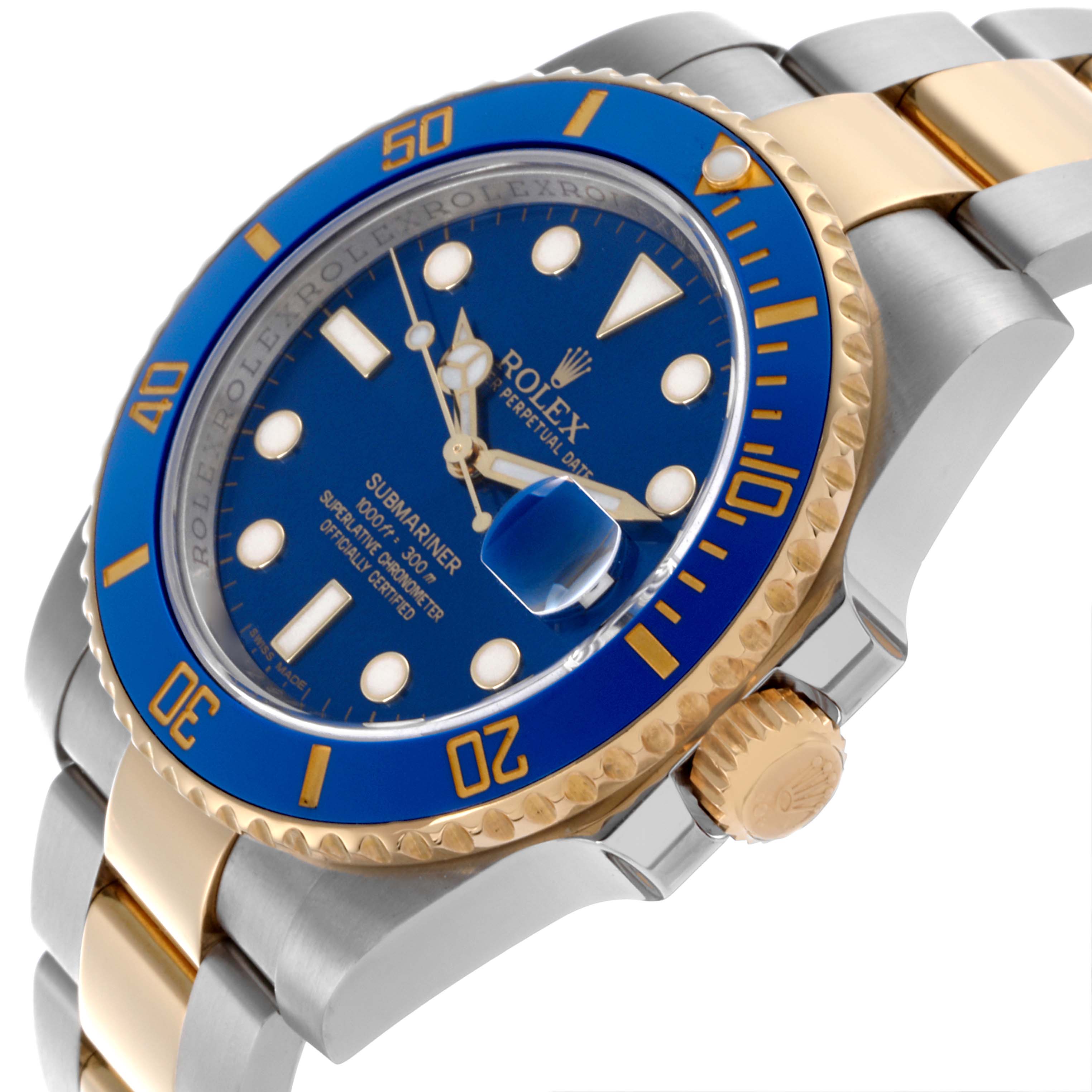 The Rolex Submariner 116613LB Men's Steel and Gold (two tone) Blue Dial 116613LB Men's Steel and Gold (two tone) Blue Dial watch is shown at a three-quarter angle, highlighting the blue dial, gold bezel, crown, and two-tone bracelet.