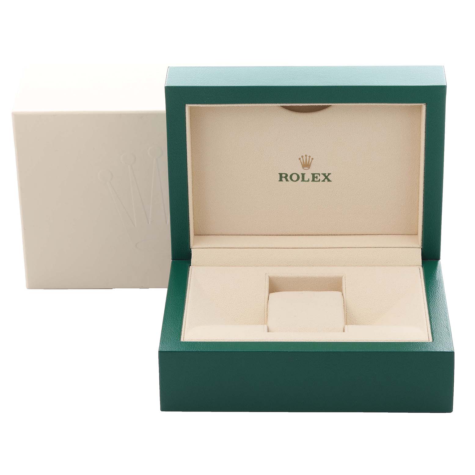 The image shows an open green and beige Rolex watch box for the Submariner model, with the brand logo inside.