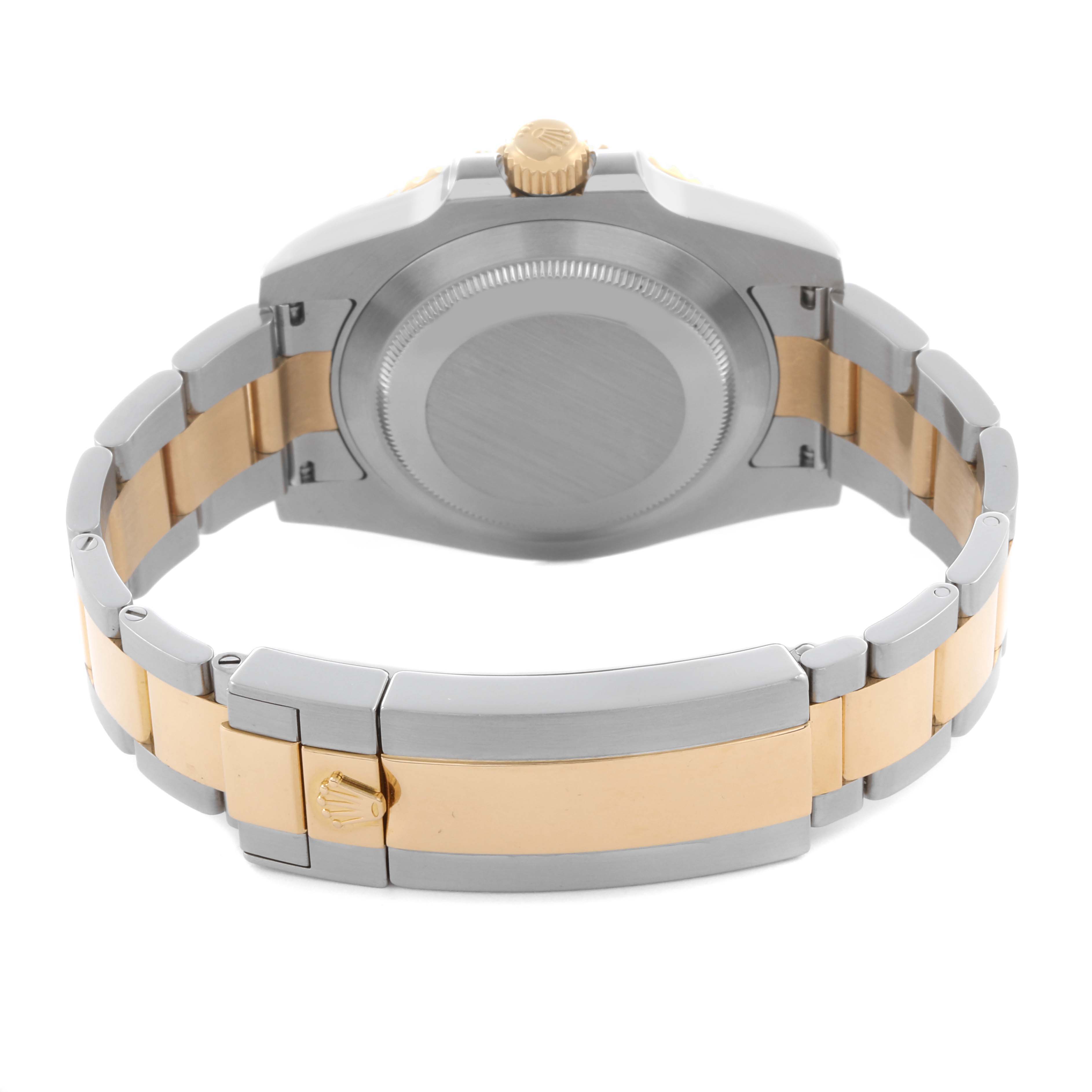 The image shows the back of a Rolex Submariner 116613LB Men's Steel and Gold (two tone) Blue Dial 116613LB Men's Steel and Gold (two tone) Blue Dial watch, highlighting the two-tone bracelet and clasp.